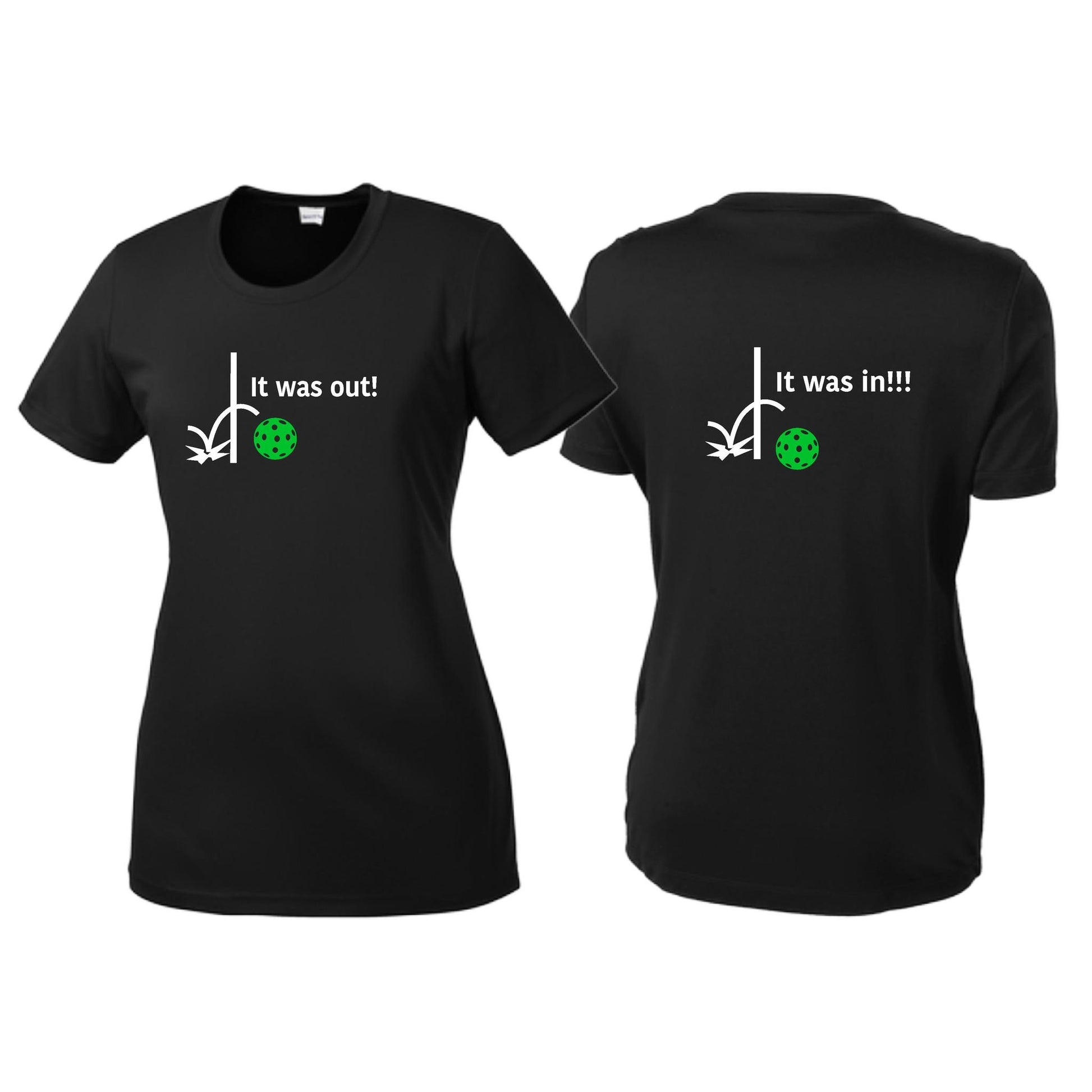 It Was Out! It Was In! (Pickleballs Cyan Green Orange) | Women’s Short Sleeve Crewneck Pickleball T-Shirts | 100% Polyester