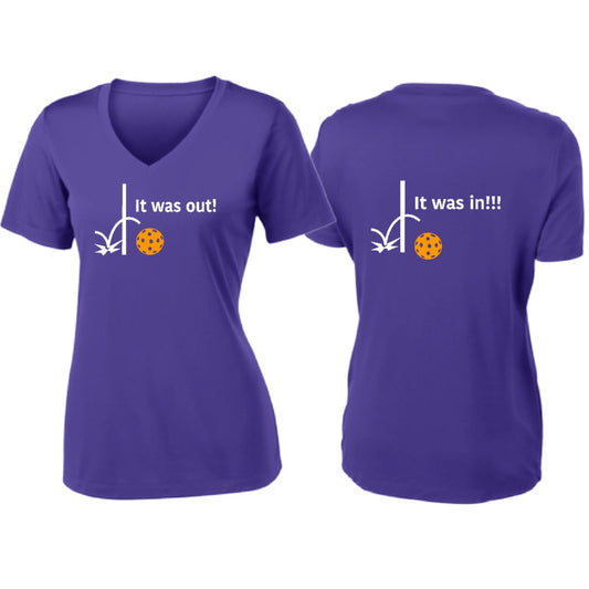 It Was Out! It Was In! (Pickleballs Cyan Green Orange) | Women's Short Sleeve V-Neck Pickleball T-Shirts | 100% Polyester