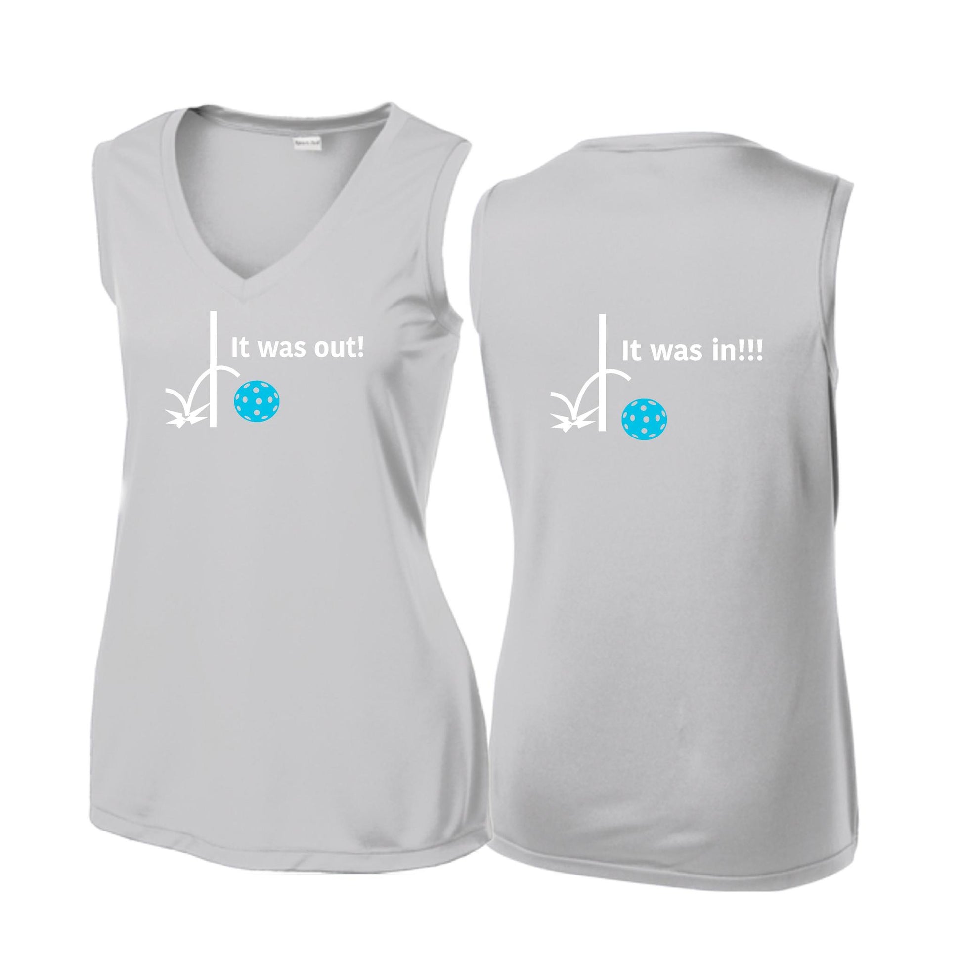 It Was Out! It Was In! (Pickleballs Cyan Green Orange) | Women’s Sleeveless Athletic Performance T-Shirt | 100% Polyester