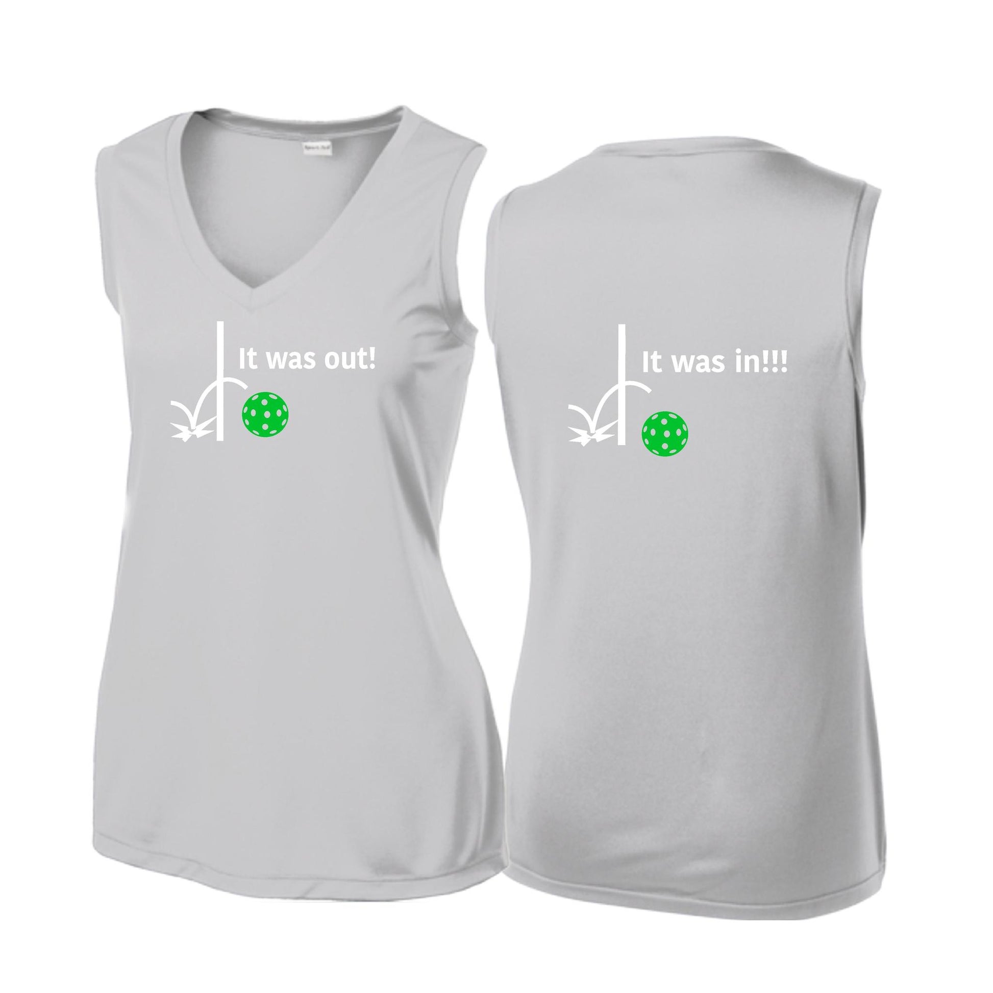 It Was Out! It Was In! (Pickleballs Cyan Green Orange) | Women’s Sleeveless Athletic Performance T-Shirt | 100% Polyester