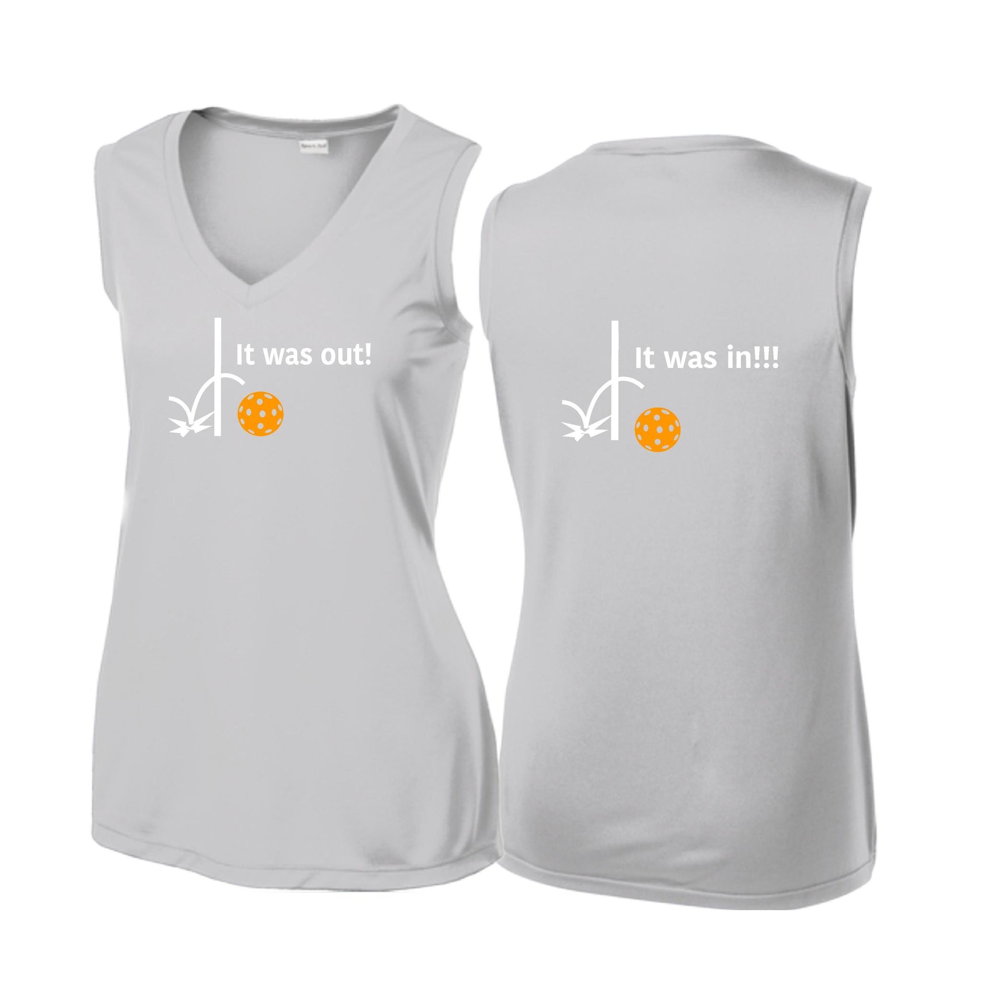 It Was Out! It Was In! (Pickleballs Cyan Green Orange) | Women’s Sleeveless Athletic Performance T-Shirt | 100% Polyester