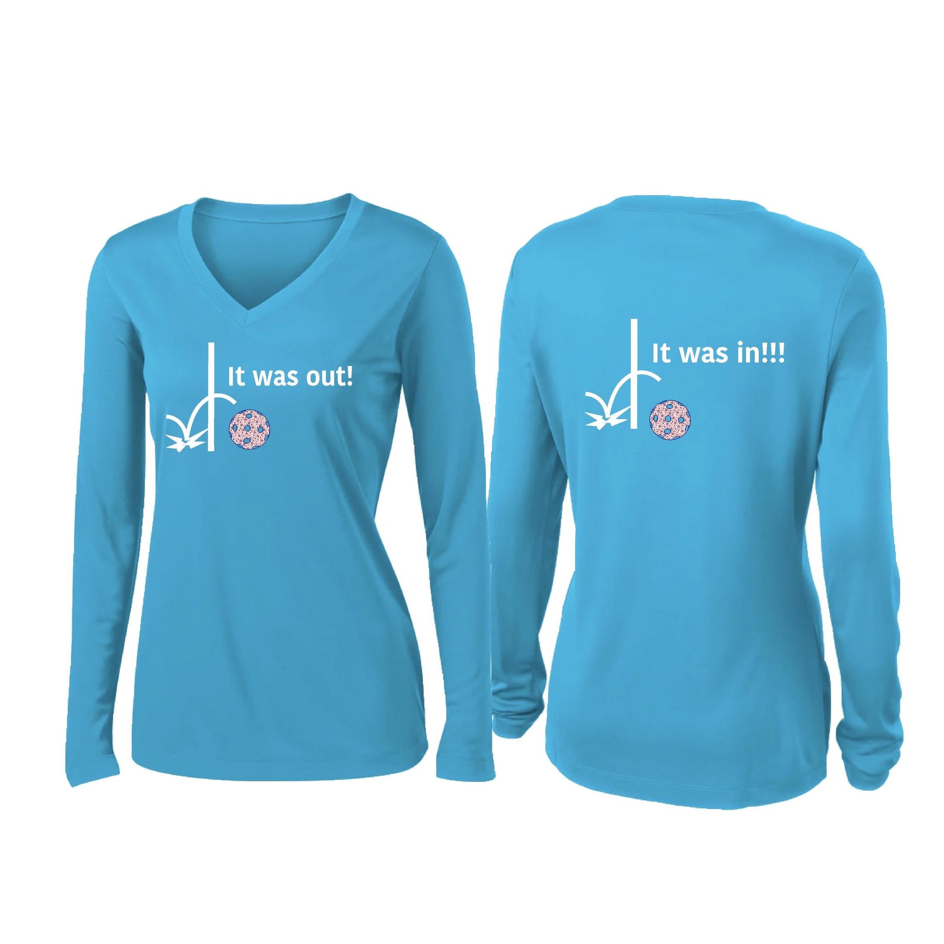 It Was Out! It Was In! (Pickleballs Patriotic Stars) | Women’s Long Sleeve V-Neck Pickleball Performance T-Shirt | 100% Polyester