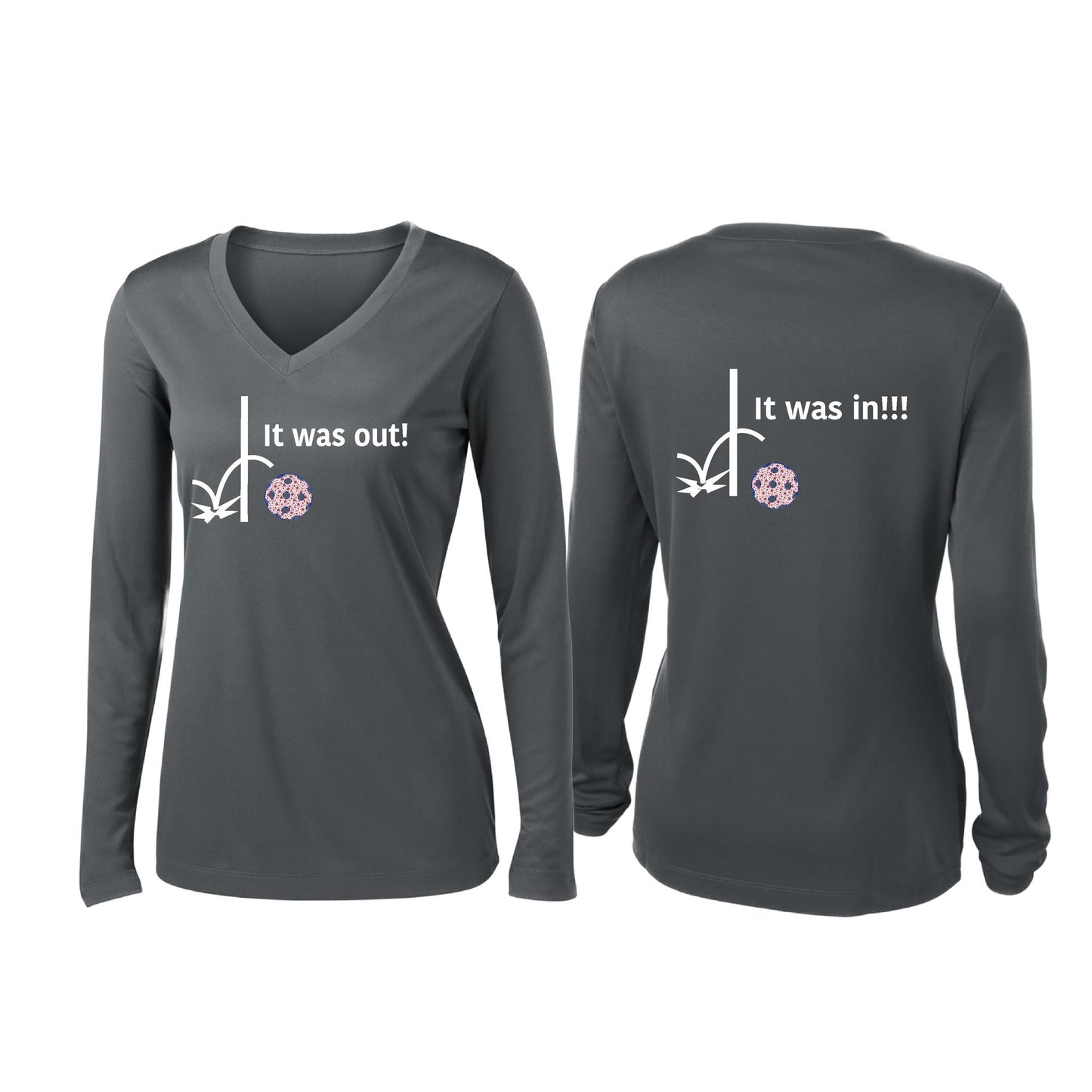 It Was Out! It Was In! (Pickleballs Patriotic Stars) | Women’s Long Sleeve V-Neck Pickleball Performance T-Shirt | 100% Polyester