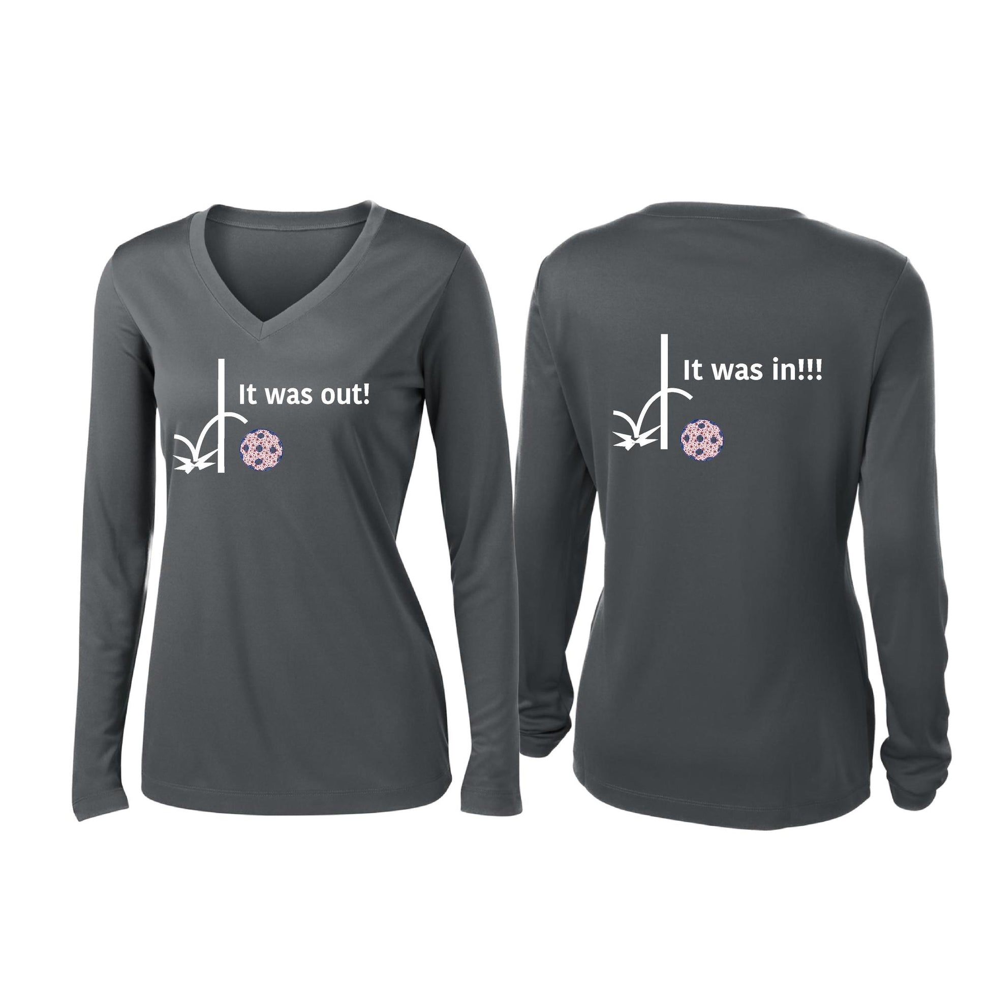 It Was Out! It Was In! (Pickleballs Patriotic Stars) | Women’s Long Sleeve V-Neck Pickleball Performance T-Shirt | 100% Polyester