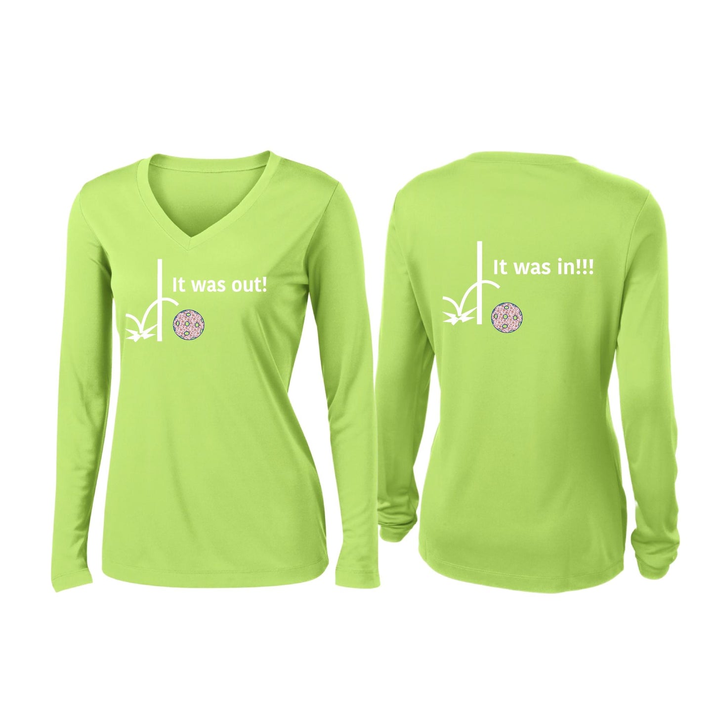 It Was Out! It Was In! (Pickleballs Patriotic Stars) | Women’s Long Sleeve V-Neck Pickleball Performance T-Shirt | 100% Polyester