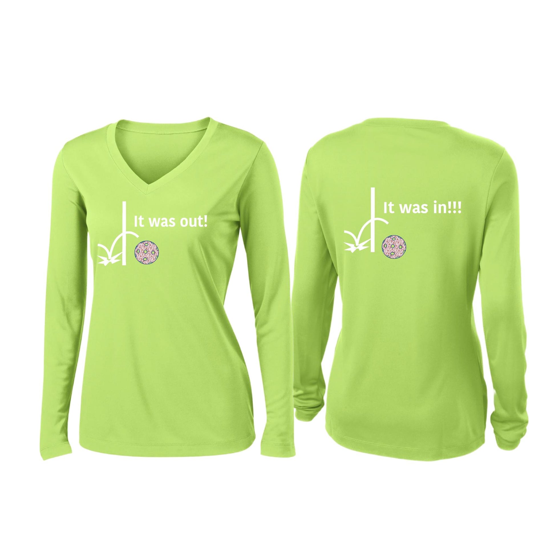 It Was Out! It Was In! (Pickleballs Patriotic Stars) | Women’s Long Sleeve V-Neck Pickleball Performance T-Shirt | 100% Polyester