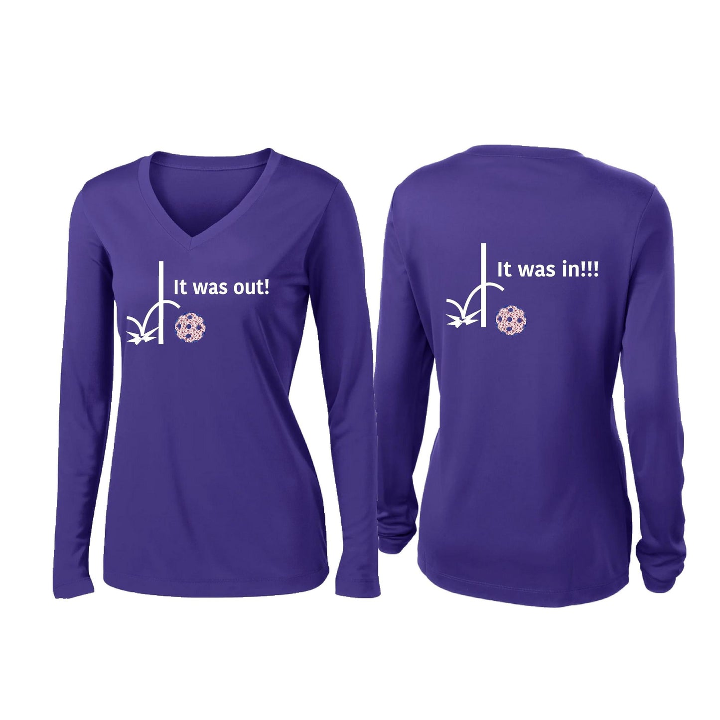 It Was Out! It Was In! (Pickleballs Patriotic Stars) | Women’s Long Sleeve V-Neck Pickleball Performance T-Shirt | 100% Polyester