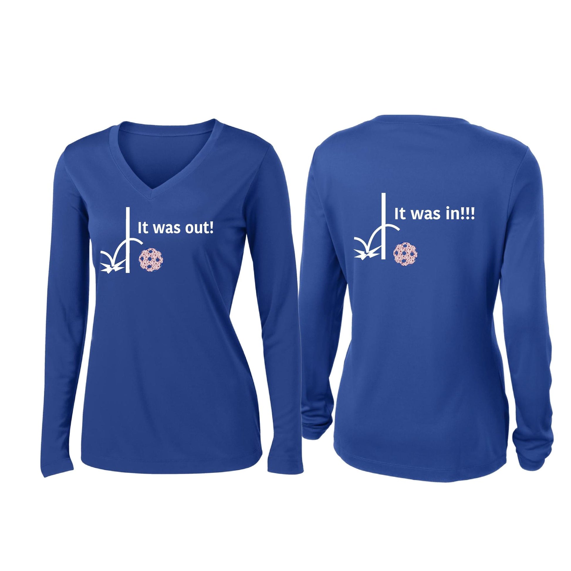 It Was Out! It Was In! (Pickleballs Patriotic Stars) | Women’s Long Sleeve V-Neck Pickleball Performance T-Shirt | 100% Polyester
