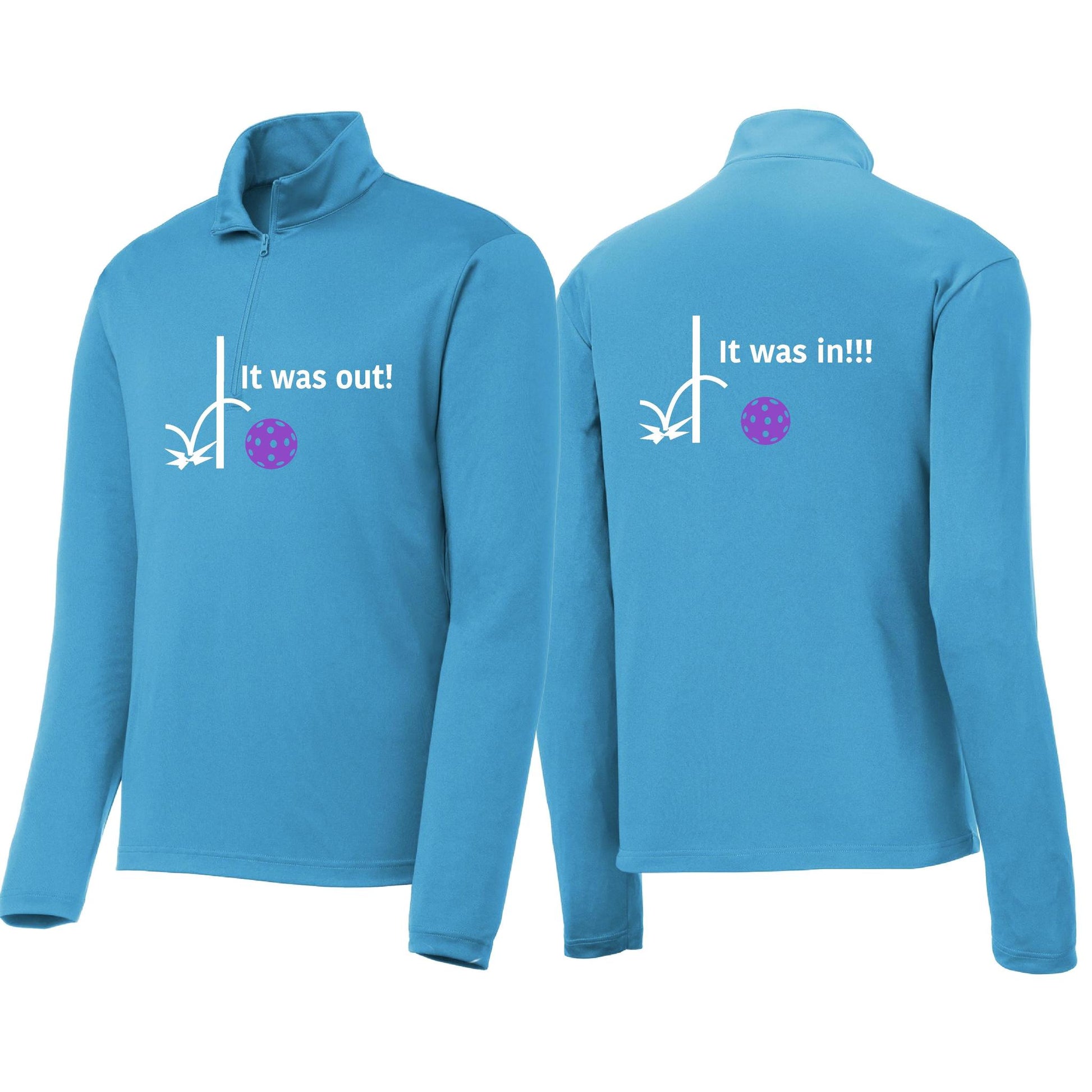 It Was Out! It Was In! (Pickleballs Pink Purple Rainbow) | Men's 1/4 Zip Long Sleeve Pullover Athletic Performance Shirt | 100% Polyester