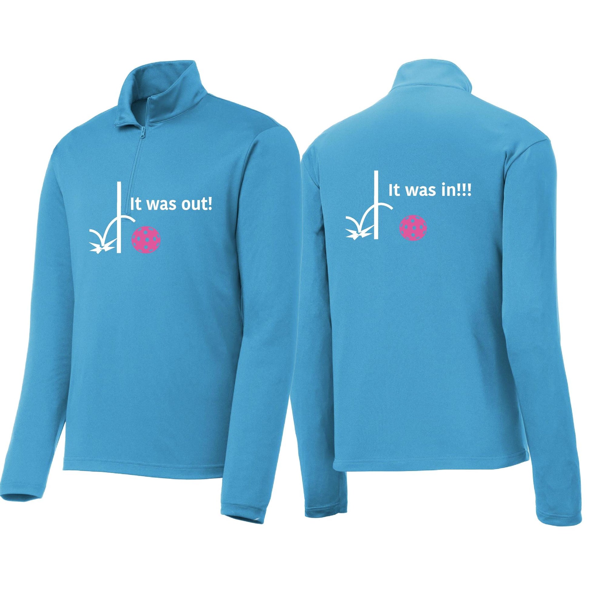 It Was Out! It Was In! (Pickleballs Pink Purple Rainbow) | Men's 1/4 Zip Long Sleeve Pullover Athletic Performance Shirt | 100% Polyester