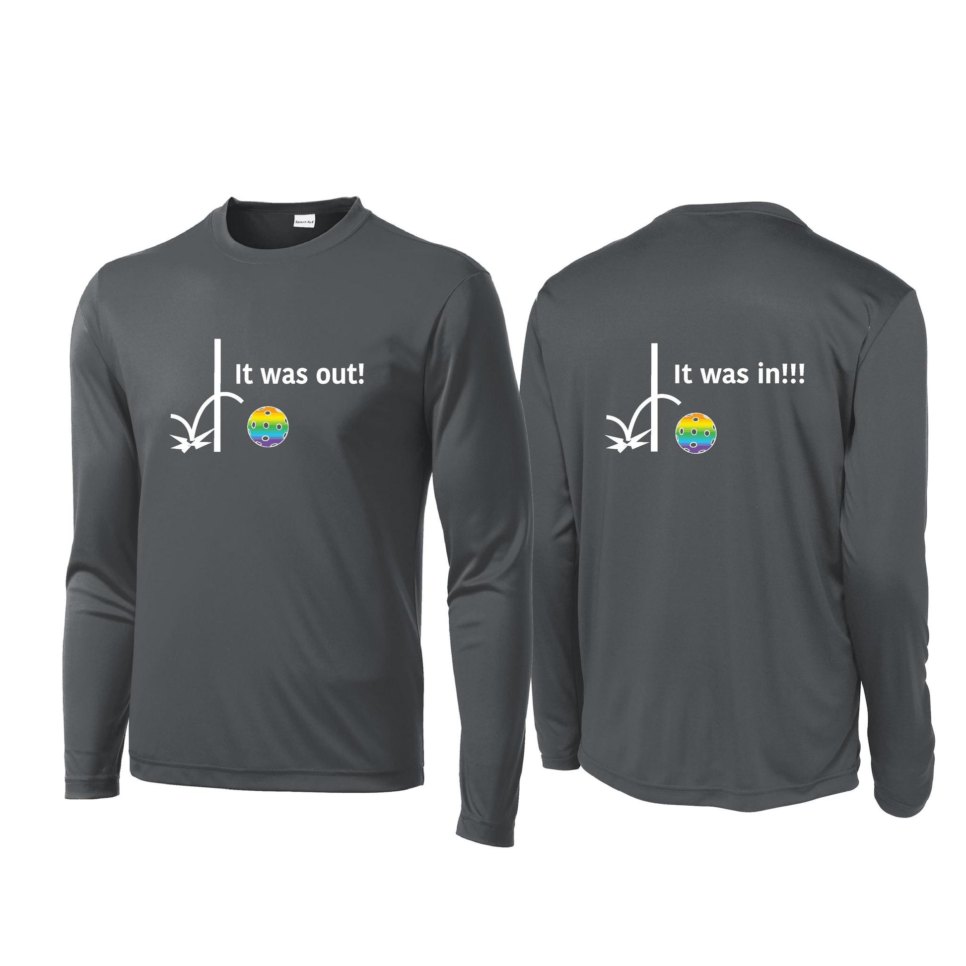 It Was Out! It Was In! (Pickleballs Pink Purple Rainbow) | Men's Long Sleeve Performance Athletic Performance T-Shirt | 100% Polyester