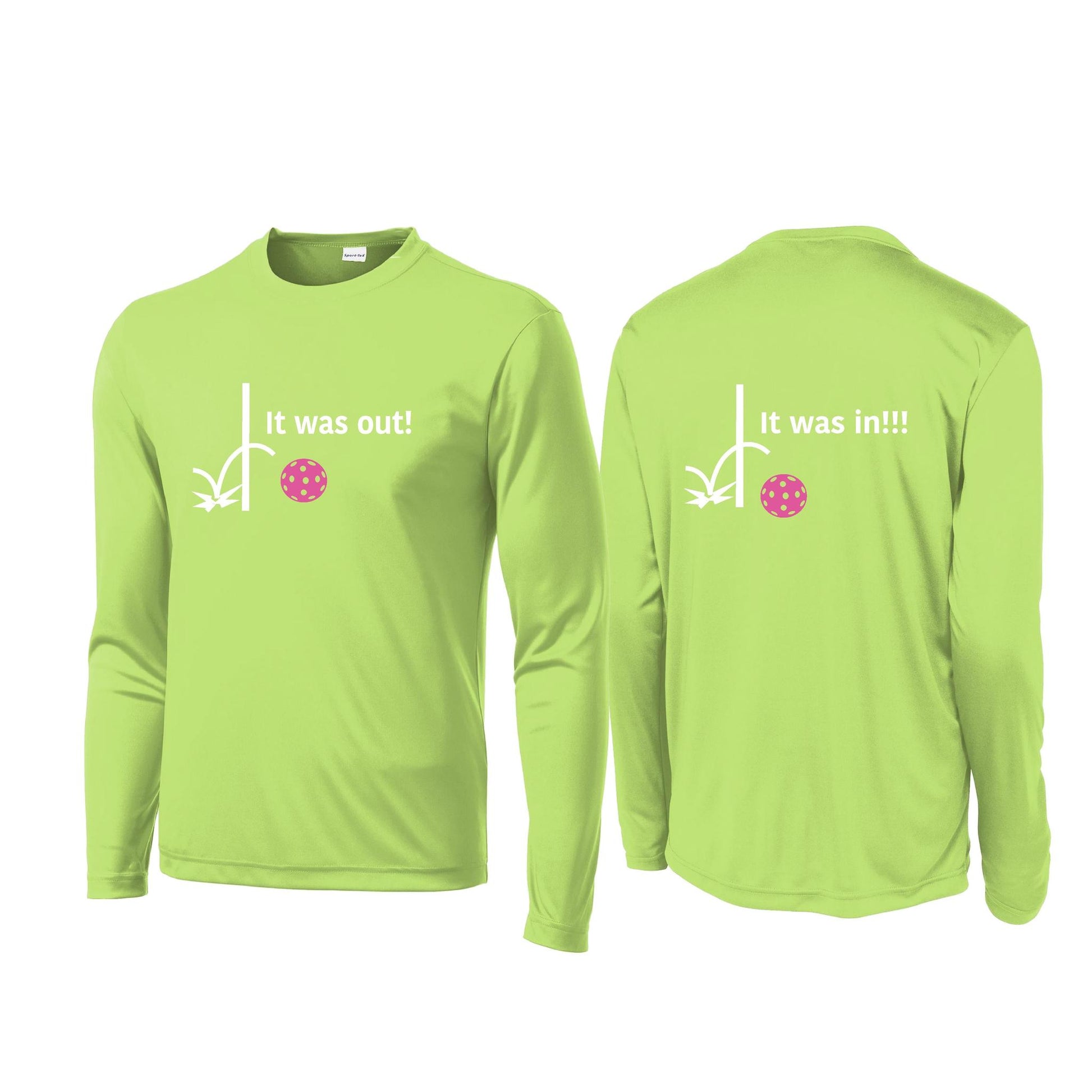 It Was Out! It Was In! (Pickleballs Pink Purple Rainbow) | Men's Long Sleeve Performance Athletic Performance T-Shirt | 100% Polyester