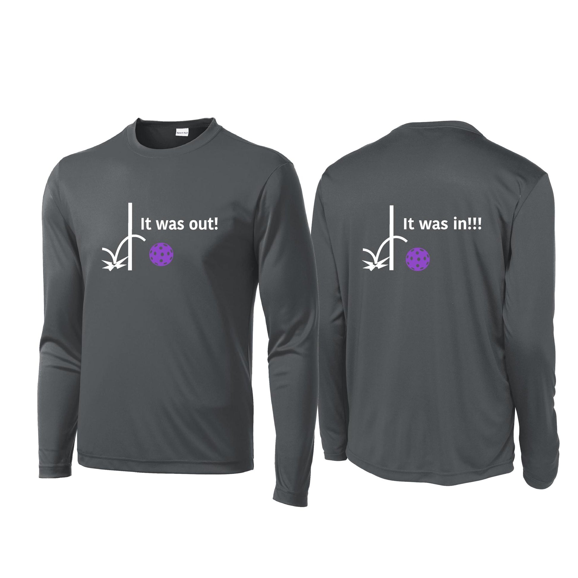It Was Out! It Was In! (Pickleballs Pink Purple Rainbow) | Men's Long Sleeve Performance Athletic Performance T-Shirt | 100% Polyester