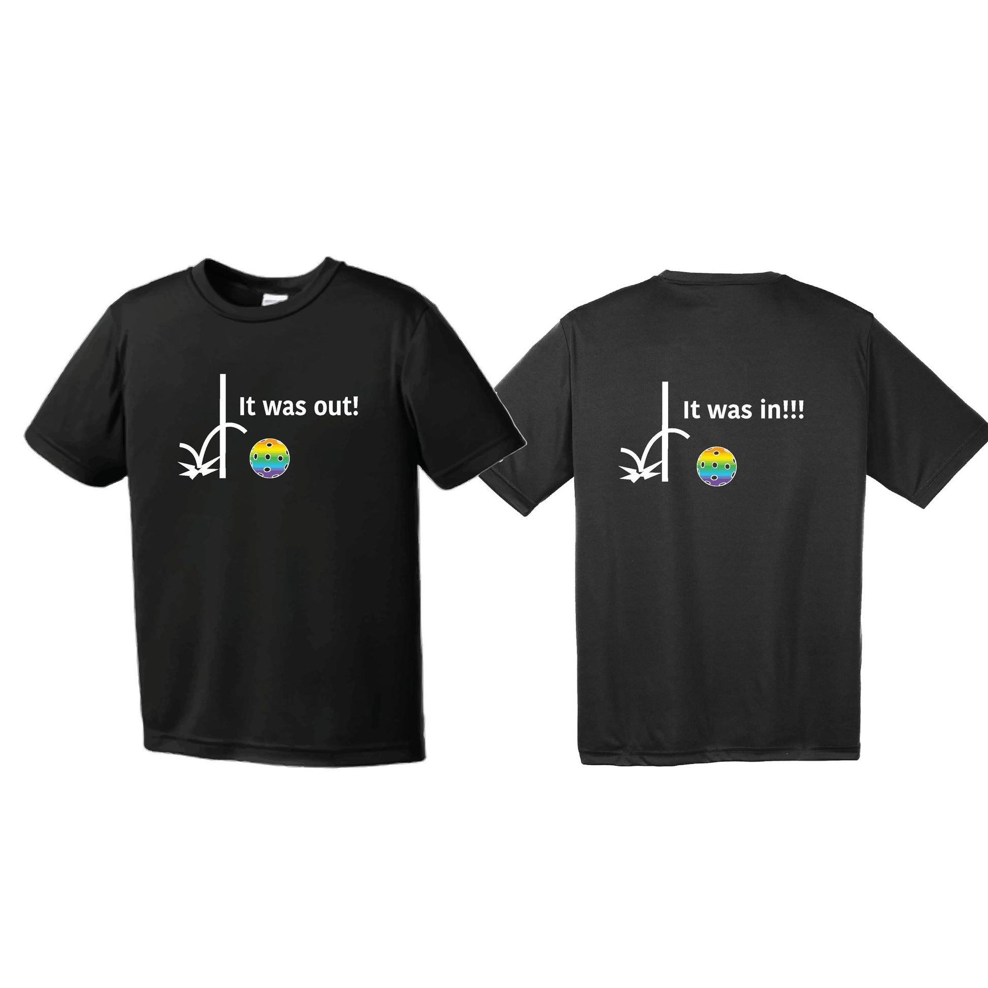 It Was Out! It Was In! (Pickleballs Pink Purple Rainbow) | Men's Short Sleeve Athletic Performance T-Shirt | 100% Polyester