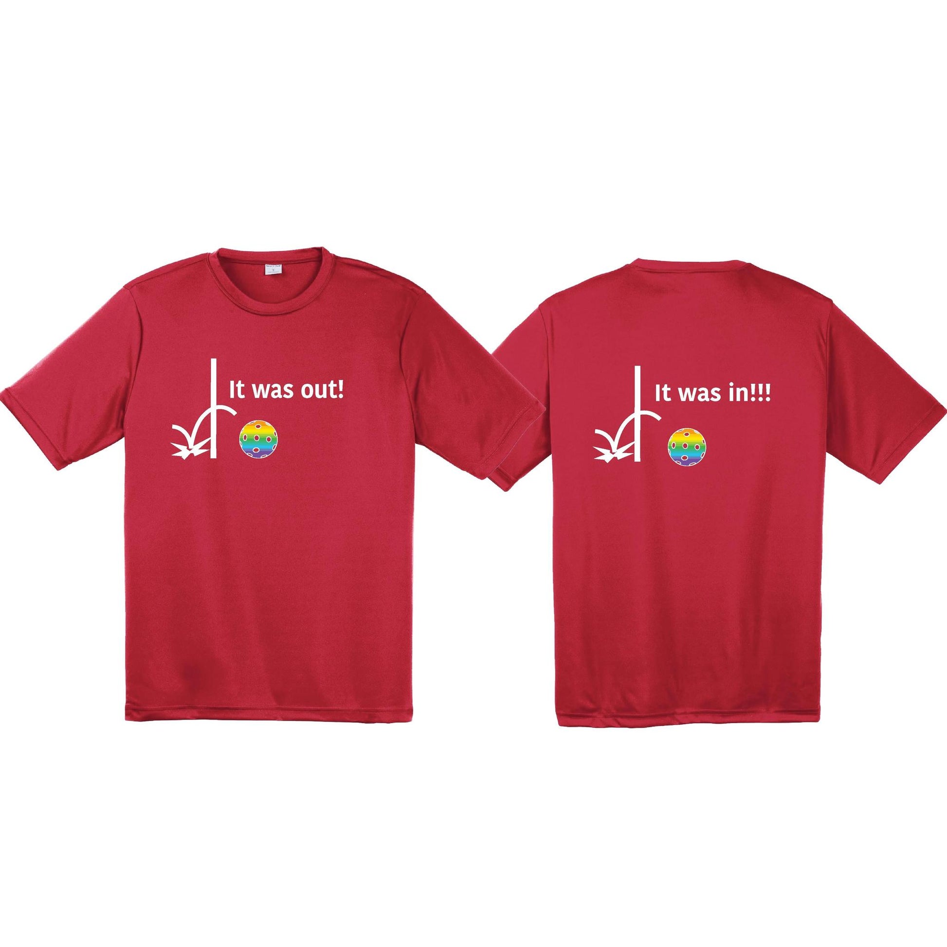 It Was Out! It Was In! (Pickleballs Pink Purple Rainbow) | Men's Short Sleeve Athletic Performance T-Shirt | 100% Polyester