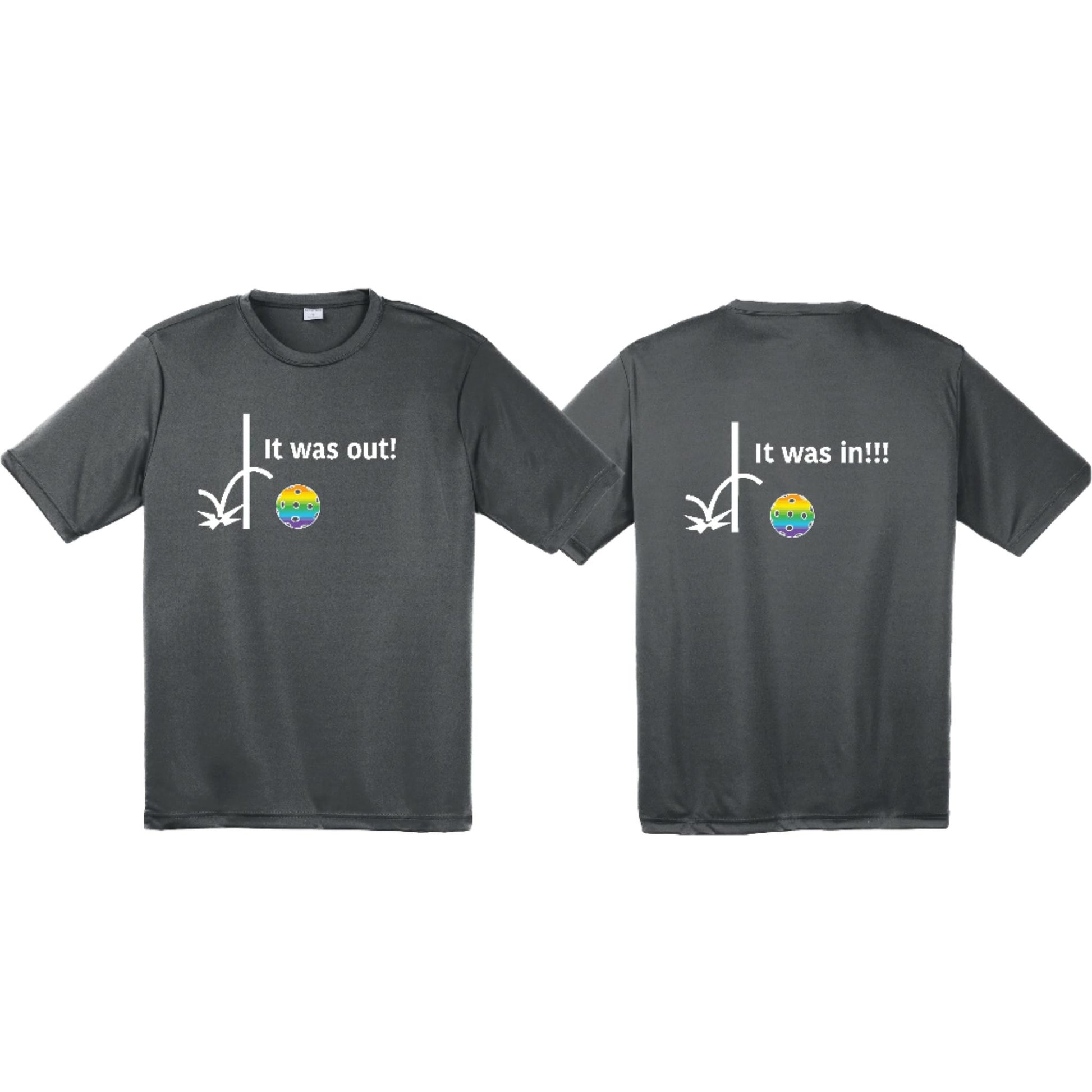 It Was Out! It Was In! (Pickleballs Pink Purple Rainbow) | Men's Short Sleeve Athletic Performance T-Shirt | 100% Polyester