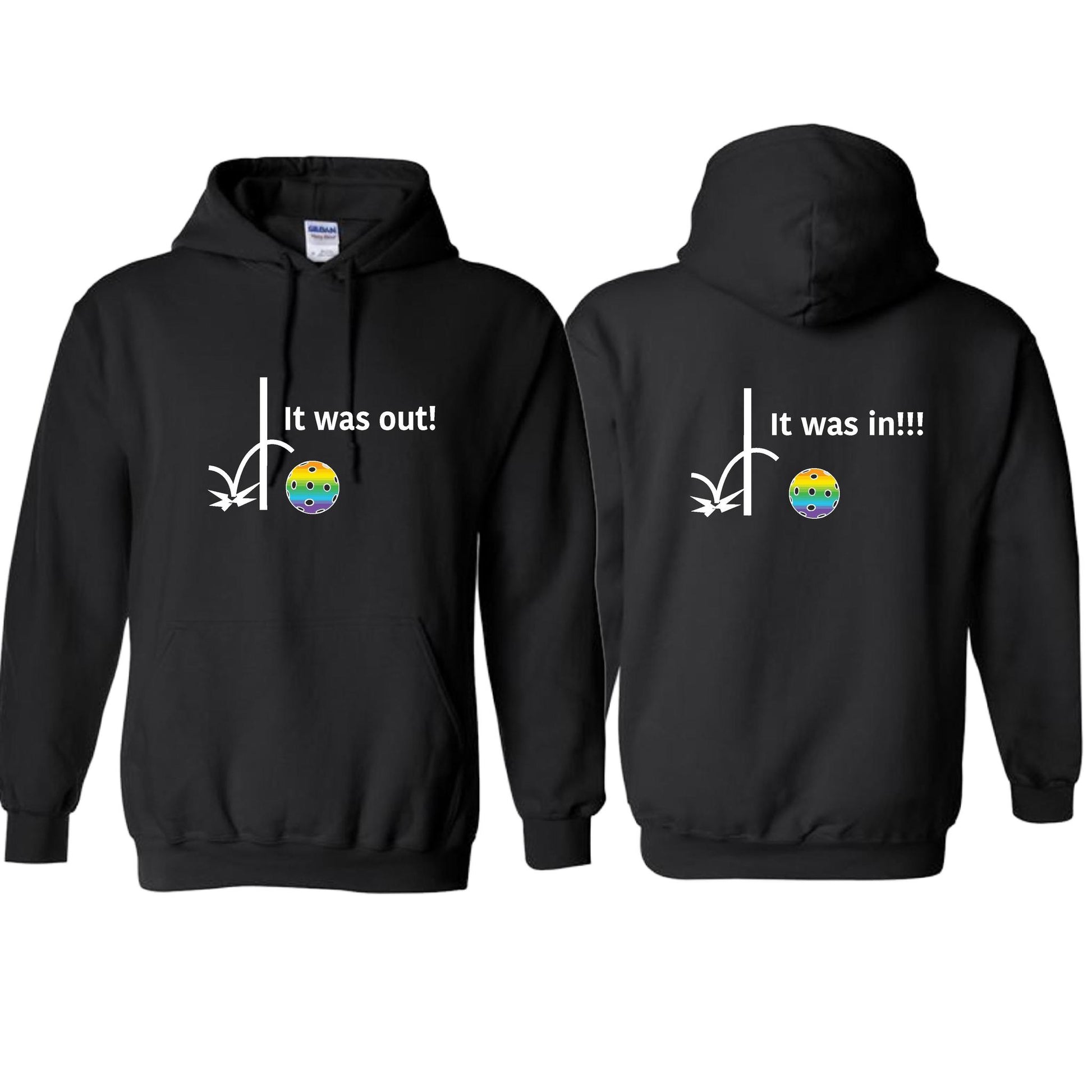 It Was Out! It Was In! (Pickleballs Pink Purple Rainbow) | Unisex Hoodie Athletic Sweatshirt | 50% Cotton/50% Polyester