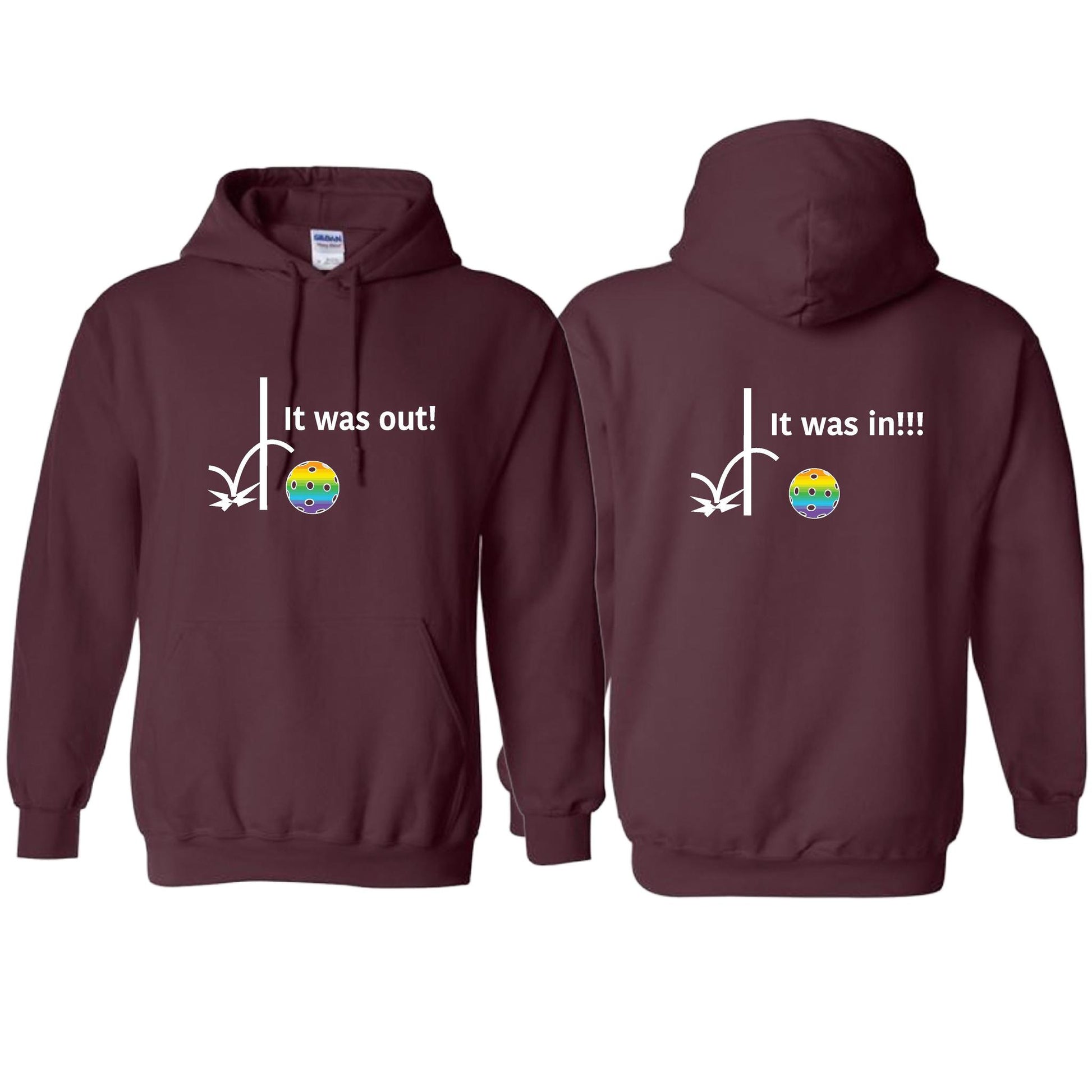 It Was Out! It Was In! (Pickleballs Pink Purple Rainbow) | Unisex Hoodie Athletic Sweatshirt | 50% Cotton/50% Polyester