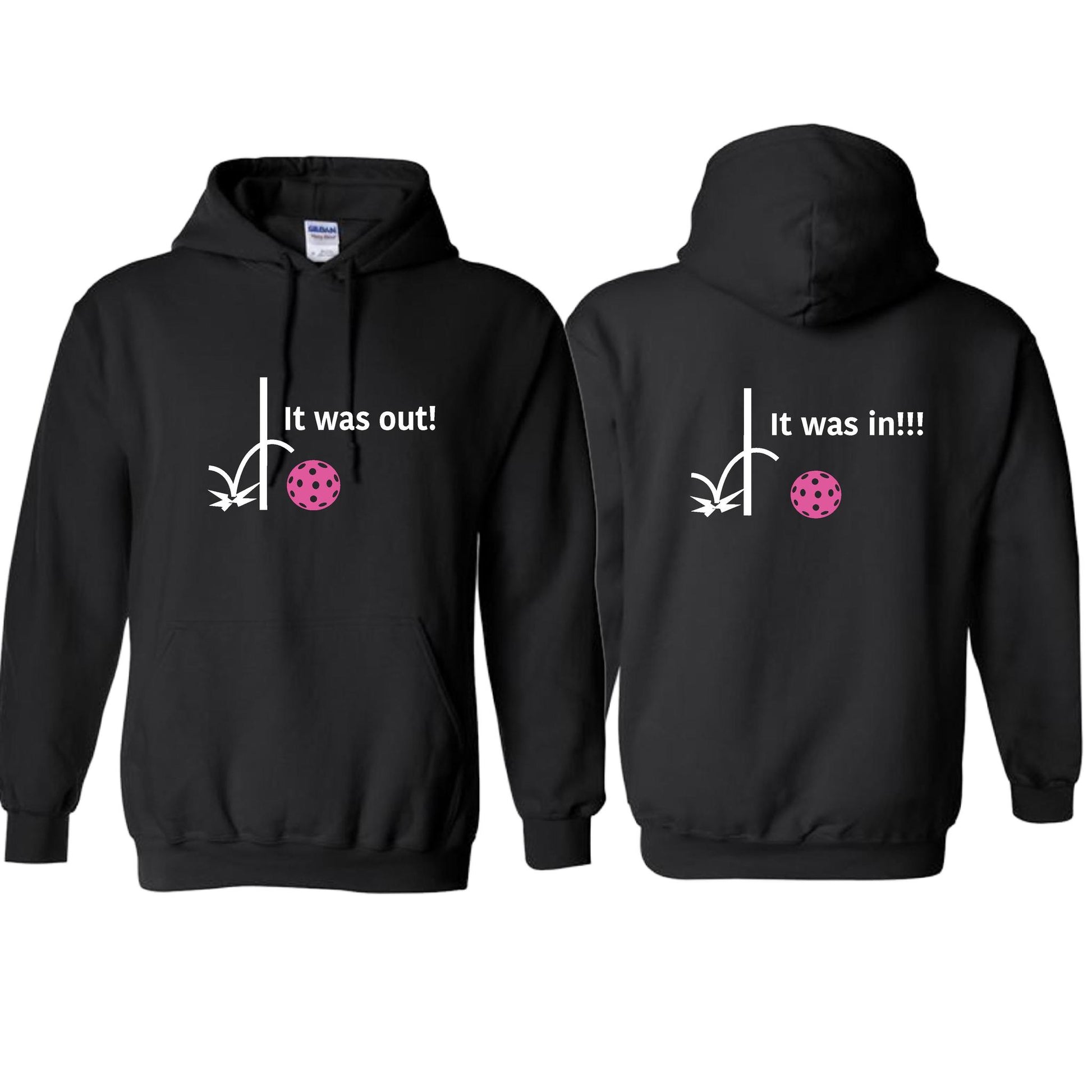 It Was Out! It Was In! (Pickleballs Pink Purple Rainbow) | Unisex Hoodie Athletic Sweatshirt | 50% Cotton/50% Polyester
