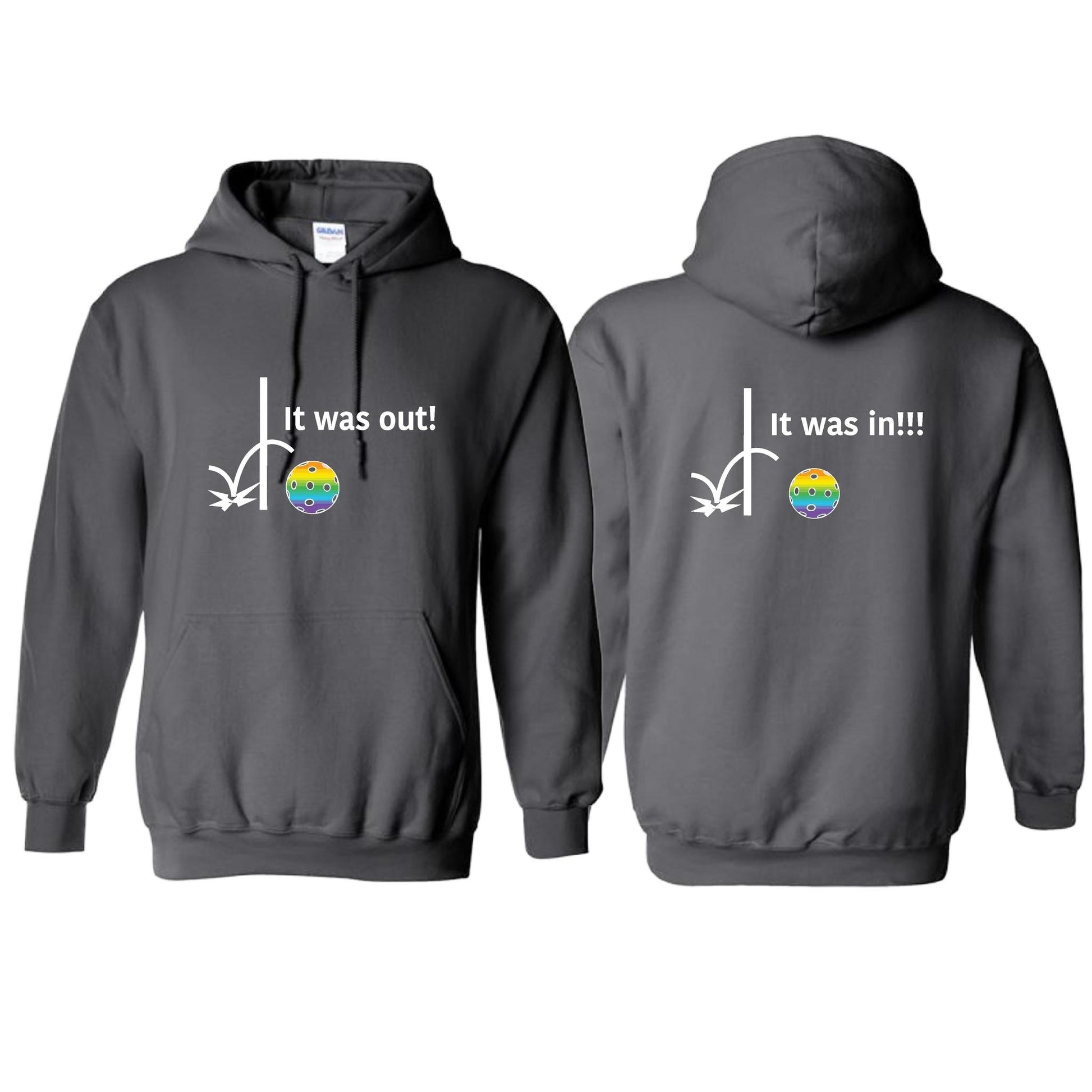 It Was Out! It Was In! (Pickleballs Pink Purple Rainbow) | Unisex Hoodie Athletic Sweatshirt | 50% Cotton/50% Polyester