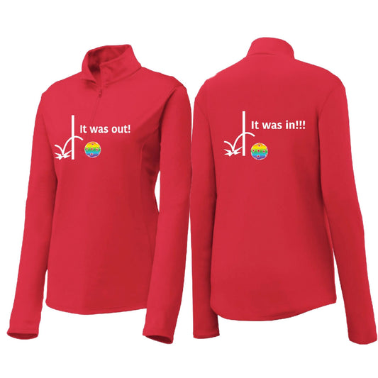 It Was Out! It Was In! (Pickleballs Pink Purple Rainbow) | Women's 1/4 Zip Pickleball Performance Pullover Shirt | 100% Polyester