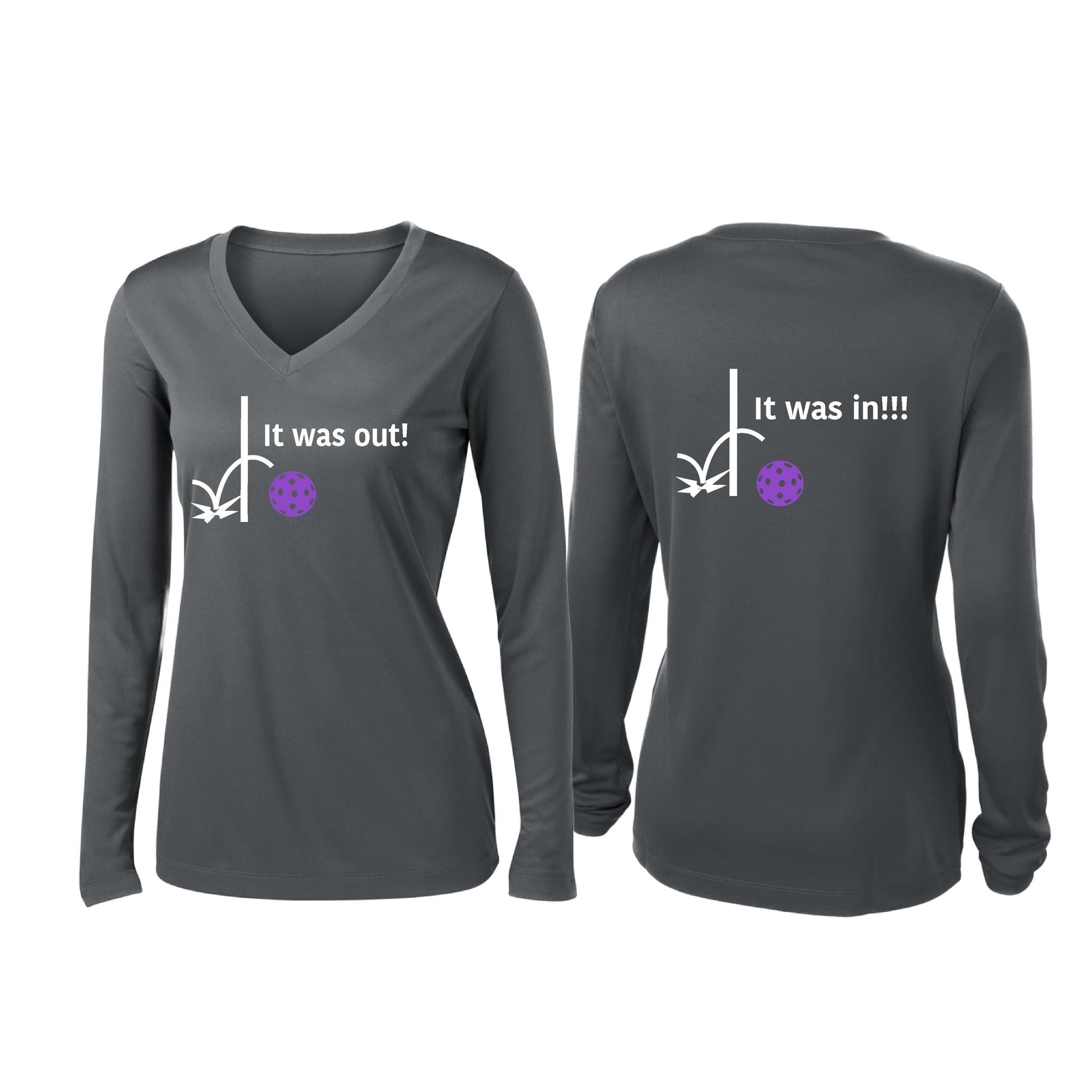 It Was Out! It Was In! (Pickleballs Pink Purple Rainbow) | Women’s Long Sleeve V-Neck Pickleball Performance T-Shirt | 100% Polyester