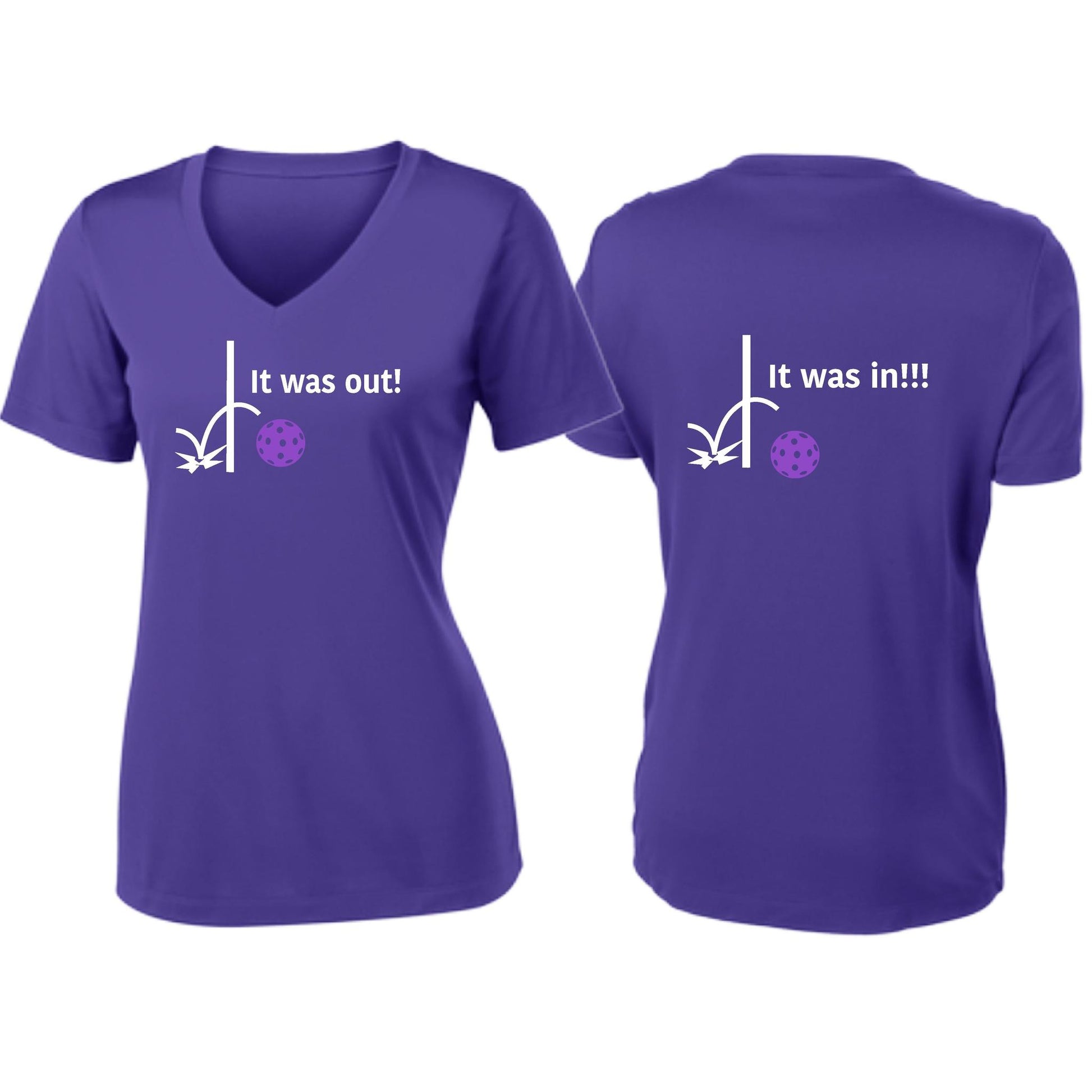 It Was Out! It Was In! (Pickleballs Pink Purple Rainbow) | Women's Short Sleeve V-Neck Pickleball T-Shirts | 100% Polyester
