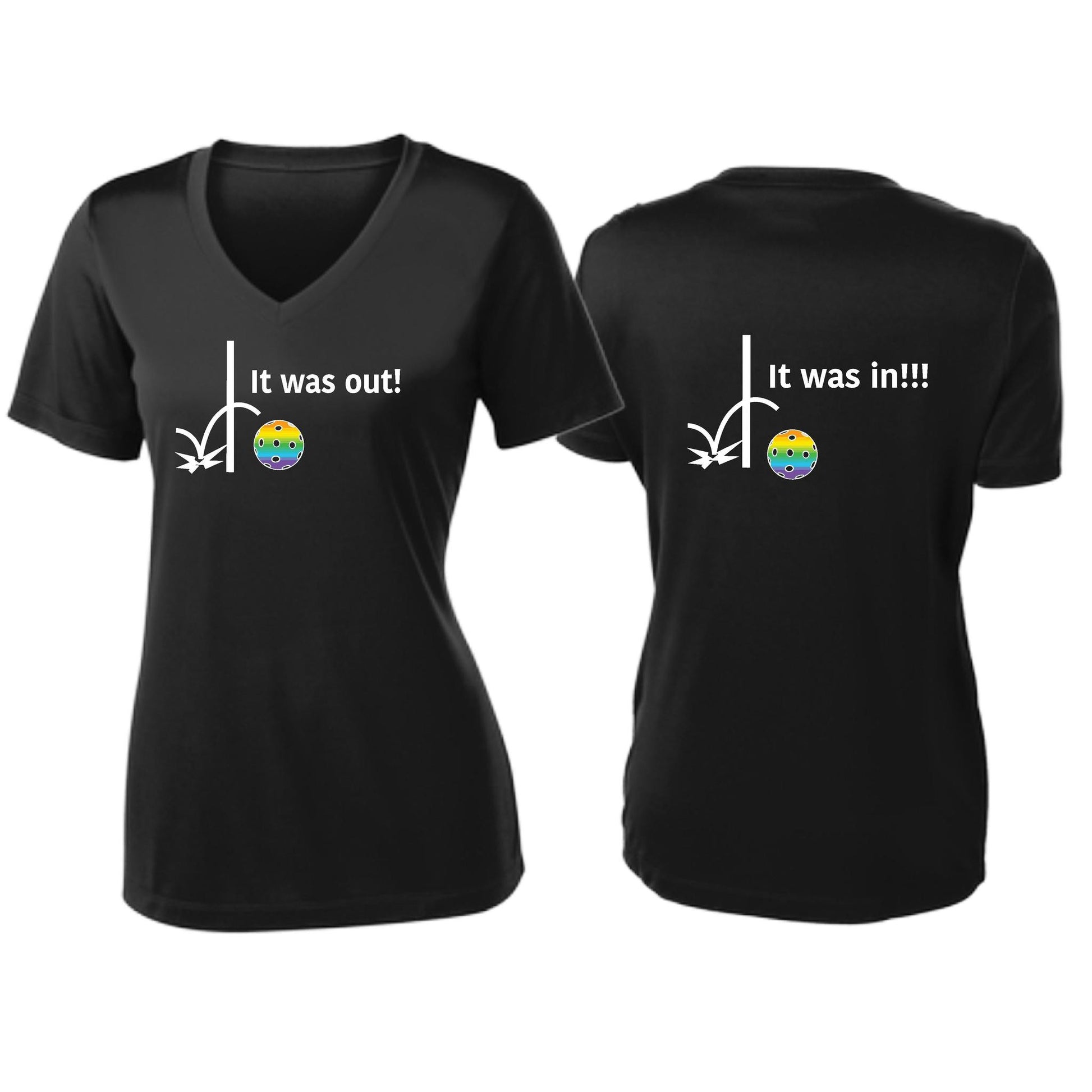 It Was Out! It Was In! (Pickleballs Pink Purple Rainbow) | Women's Short Sleeve V-Neck Pickleball T-Shirts | 100% Polyester