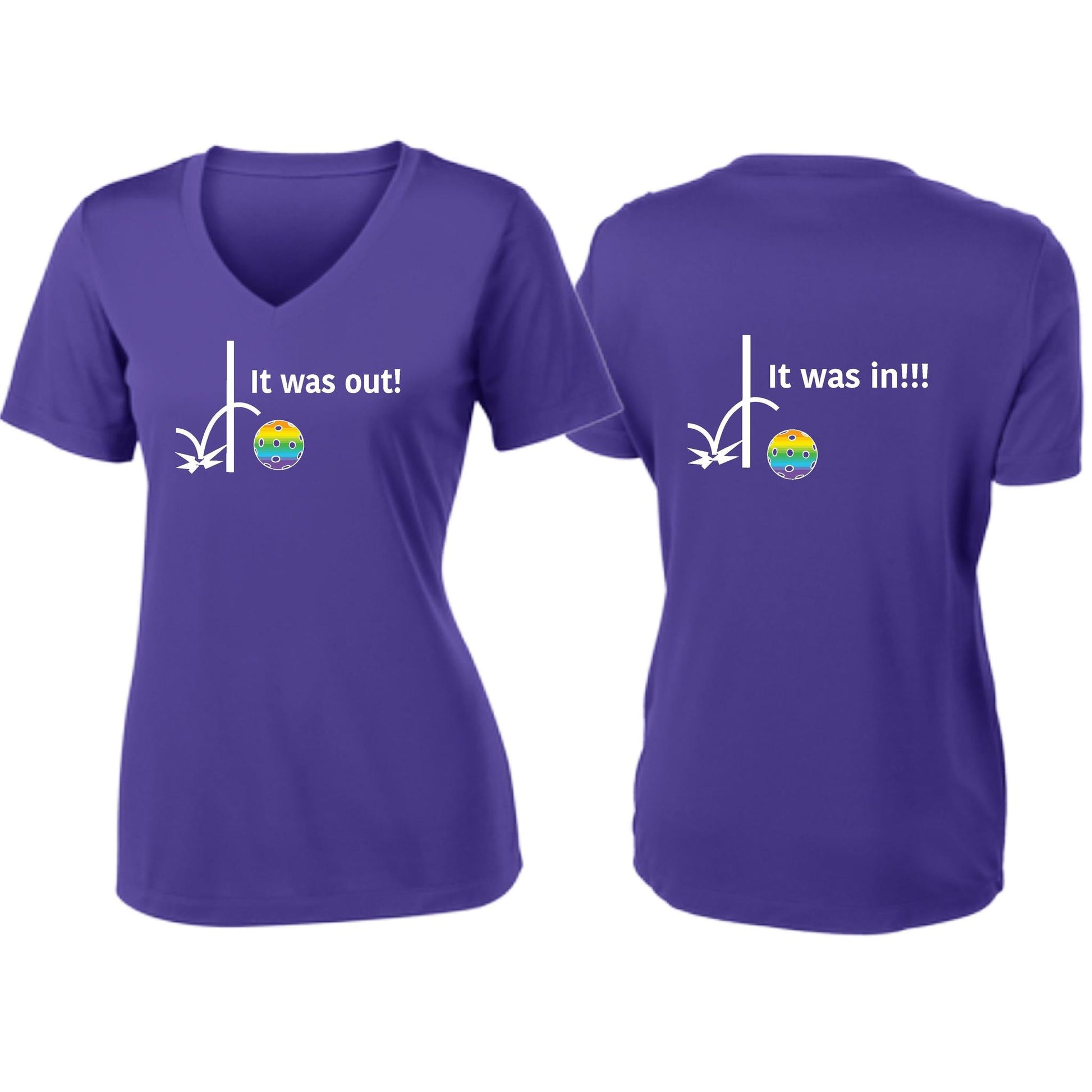 It Was Out! It Was In! (Pickleballs Pink Purple Rainbow) | Women's Short Sleeve V-Neck Pickleball T-Shirts | 100% Polyester