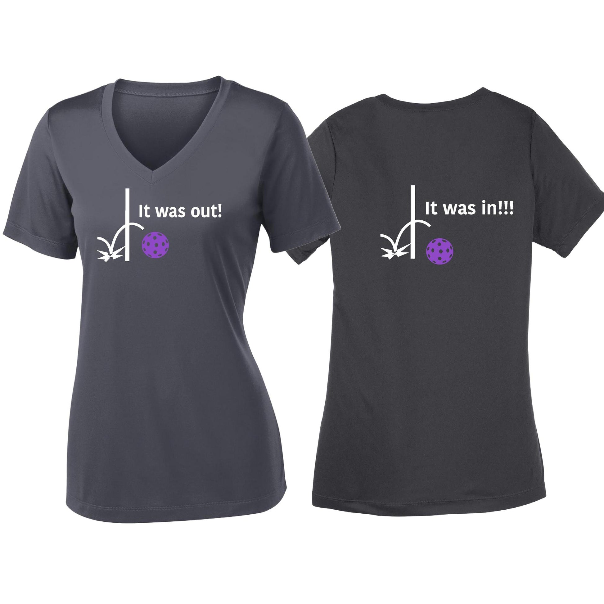 It Was Out! It Was In! (Pickleballs Pink Purple Rainbow) | Women's Short Sleeve V-Neck Pickleball T-Shirts | 100% Polyester