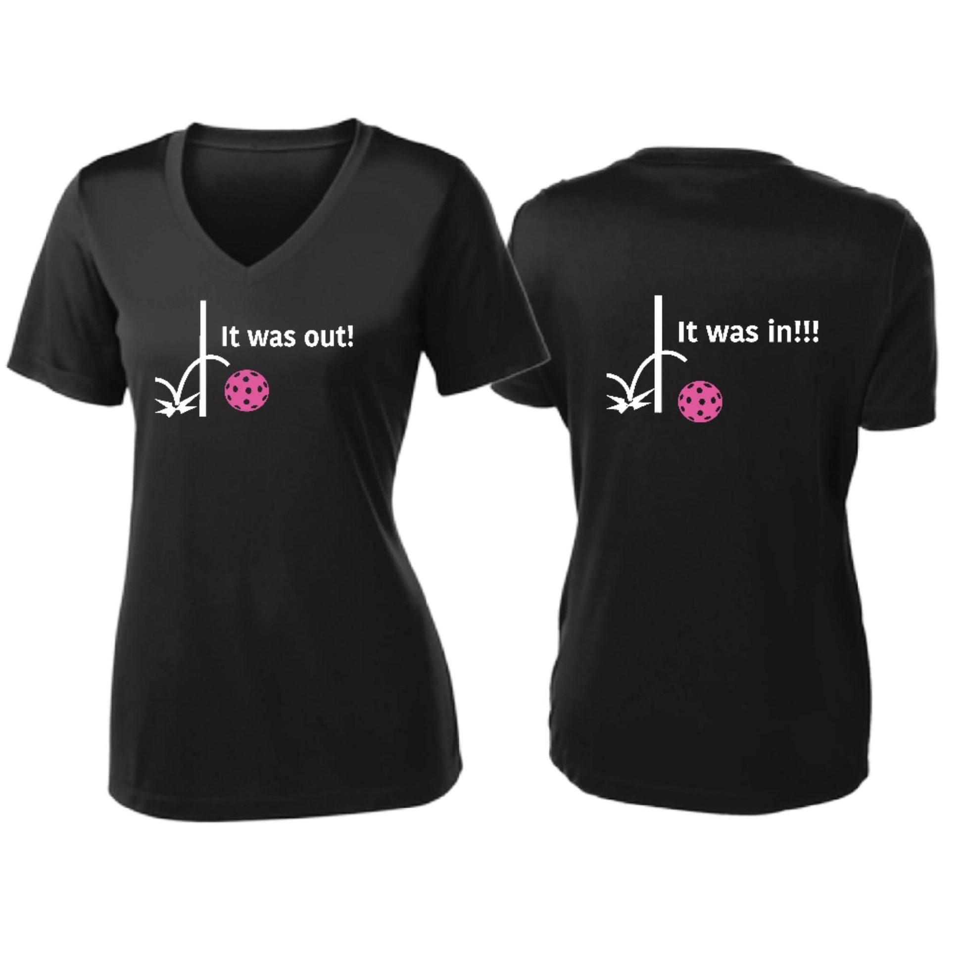 It Was Out! It Was In! (Pickleballs Pink Purple Rainbow) | Women's Short Sleeve V-Neck Pickleball T-Shirts | 100% Polyester