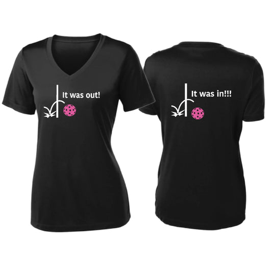 It Was Out! It Was In! (Pickleballs Pink Purple Rainbow) | Women's Short Sleeve V-Neck Pickleball T-Shirts | 100% Polyester