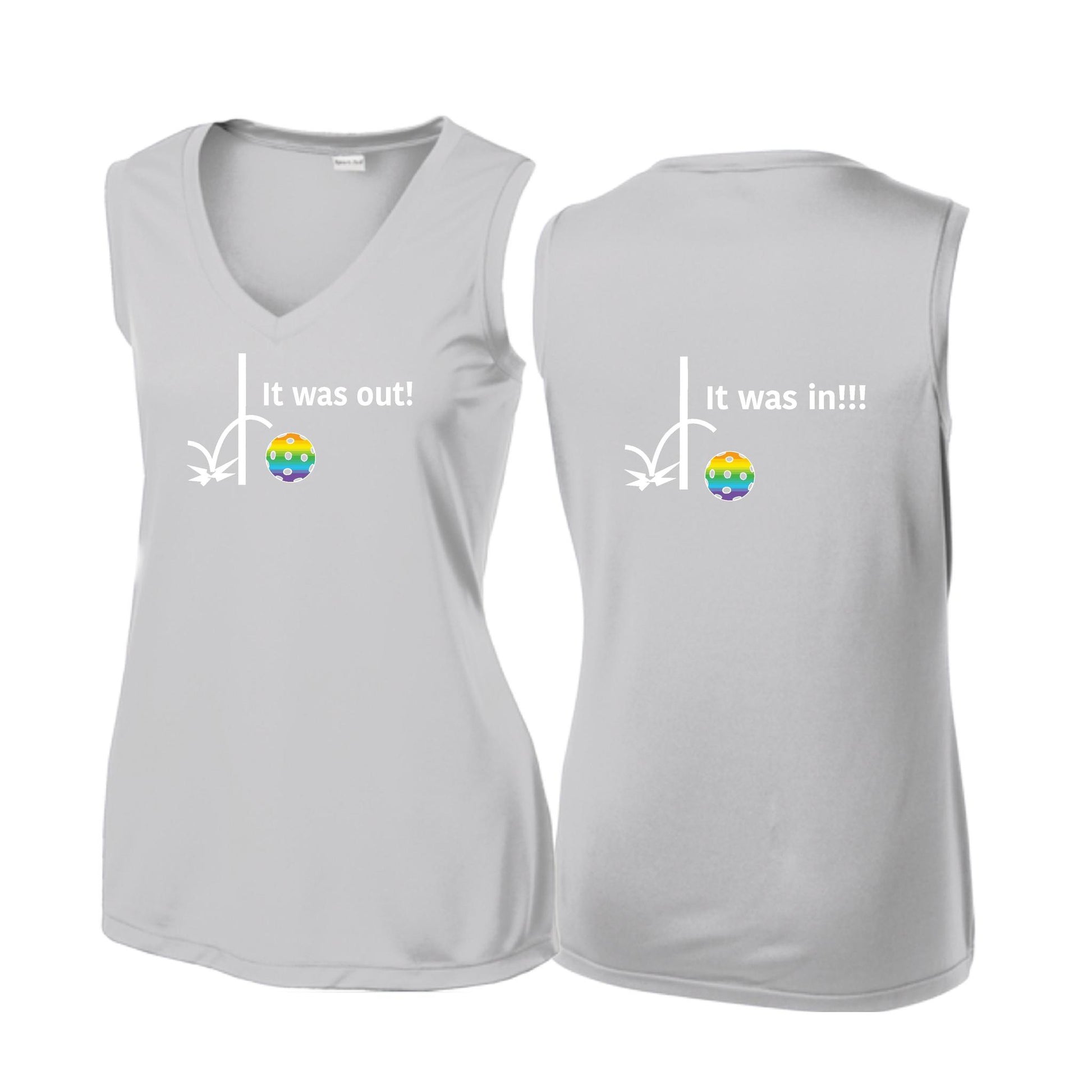 It Was Out! It Was In! (Pickleballs Pink Purple Rainbow) | Women’s Sleeveless Athletic Performance T-Shirt | 100% Polyester