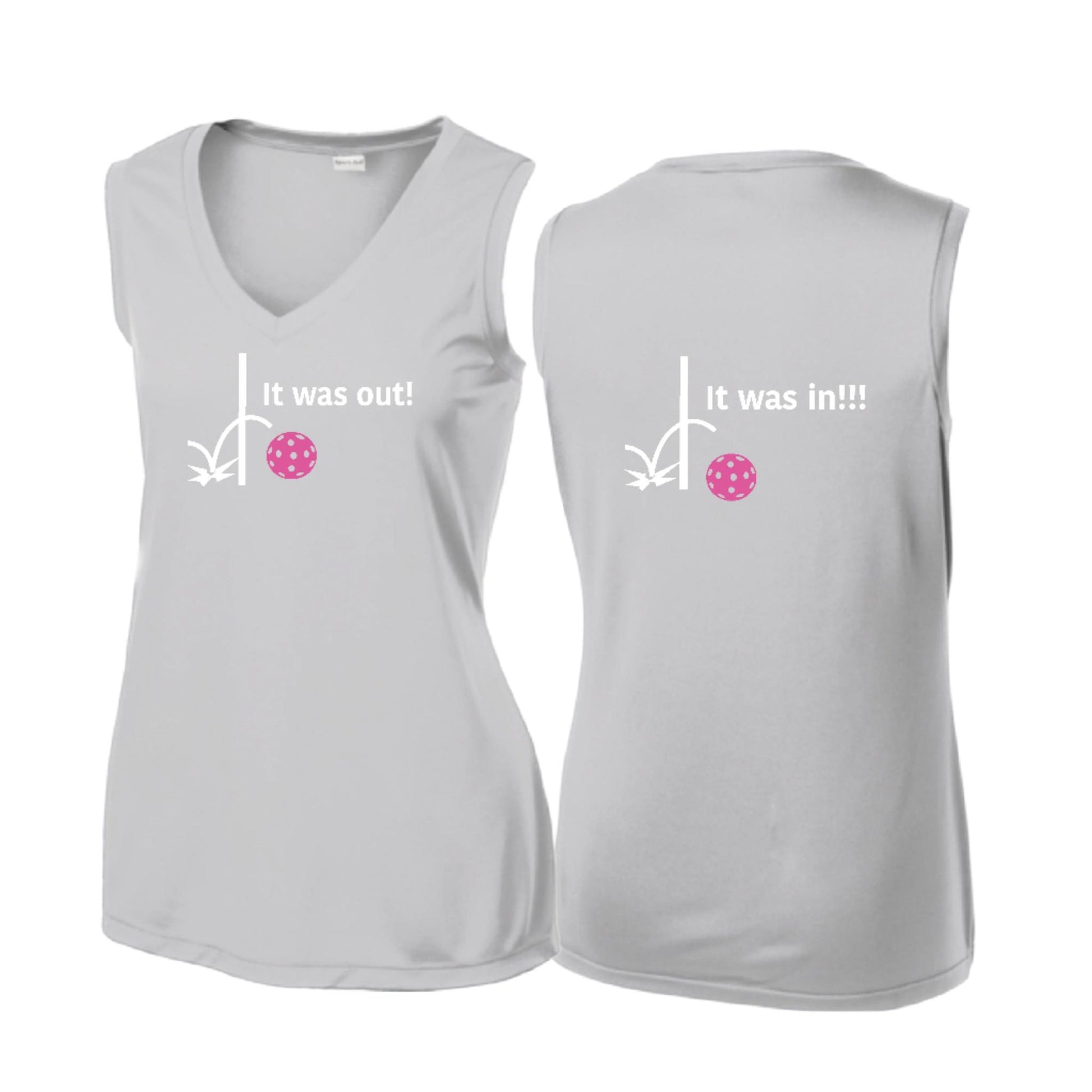 It Was Out! It Was In! (Pickleballs Pink Purple Rainbow) | Women’s Sleeveless Athletic Performance T-Shirt | 100% Polyester