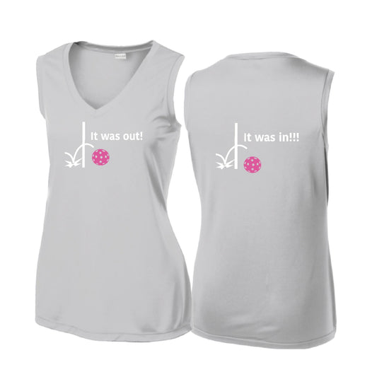 It Was Out! It Was In! (Pickleballs Pink Purple Rainbow) | Women’s Sleeveless Athletic Performance T-Shirt | 100% Polyester