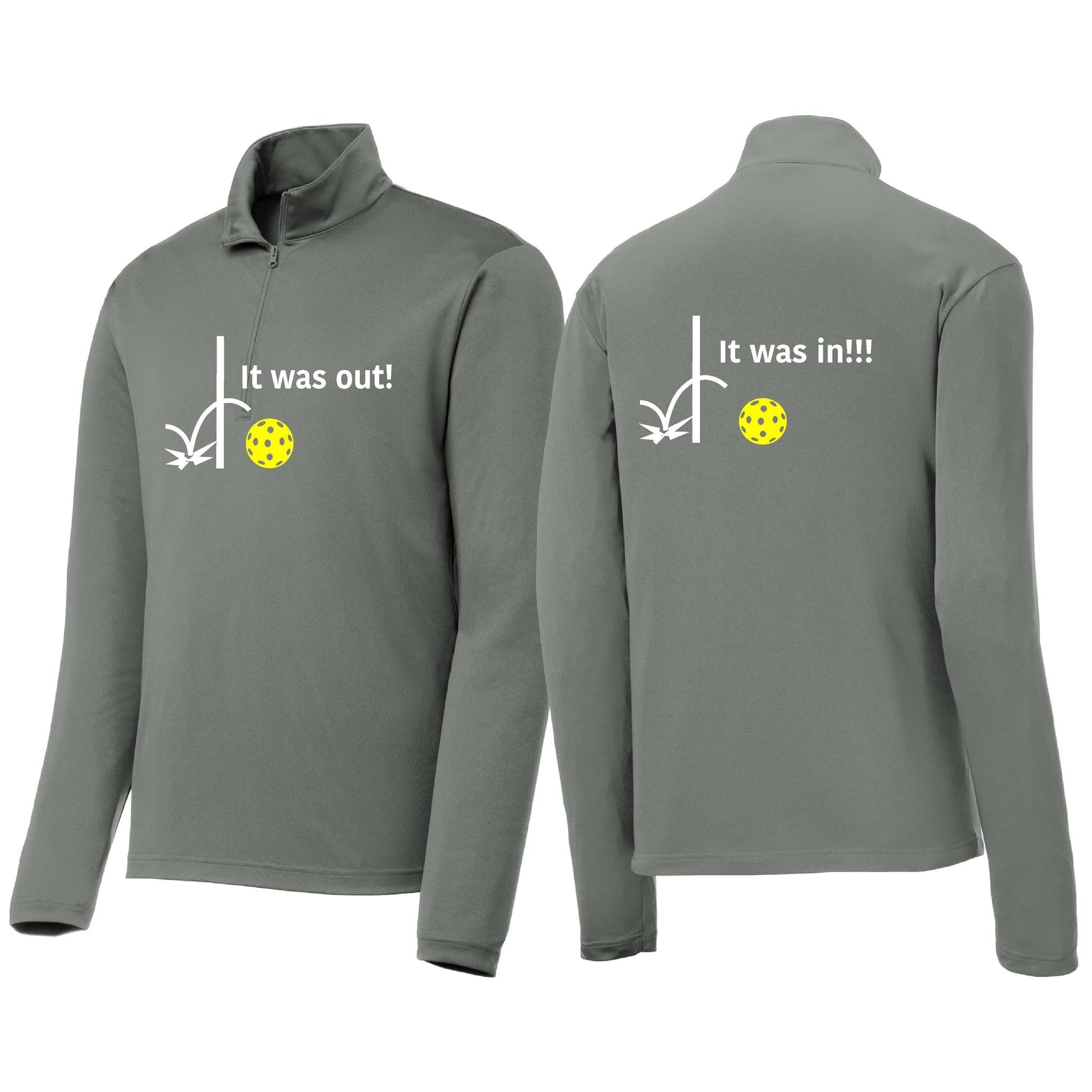 It Was Out! It Was In! (Pickleballs Red White Yellow) | Men's 1/4 Zip Long Sleeve Pullover Athletic Performance Shirt | 100% Polyester