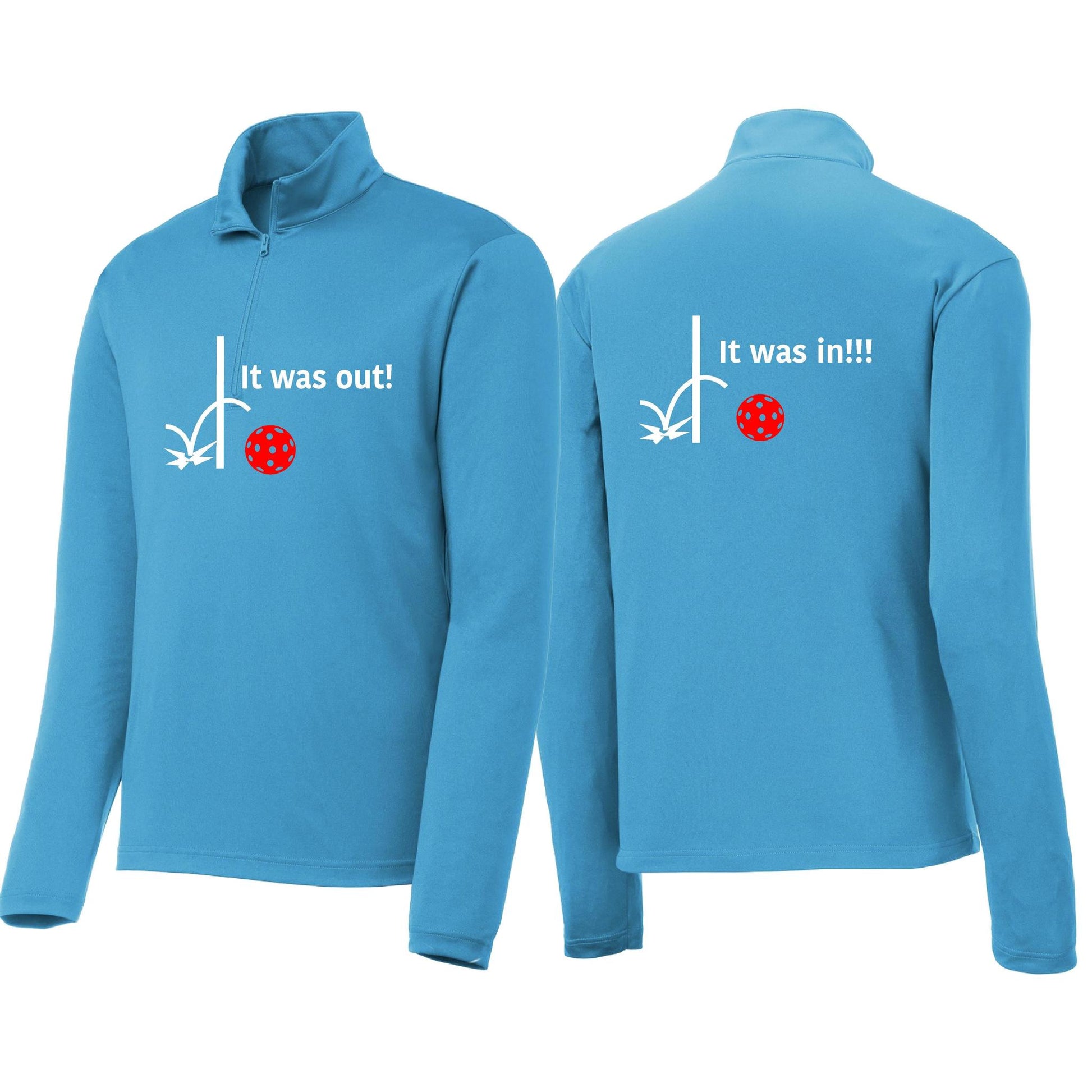 It Was Out! It Was In! (Pickleballs Red White Yellow) | Men's 1/4 Zip Long Sleeve Pullover Athletic Performance Shirt | 100% Polyester