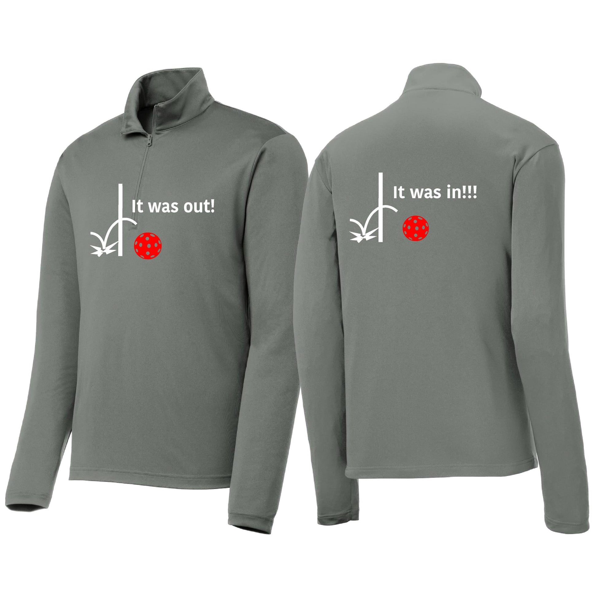 It Was Out! It Was In! (Pickleballs Red White Yellow) | Men's 1/4 Zip Long Sleeve Pullover Athletic Performance Shirt | 100% Polyester