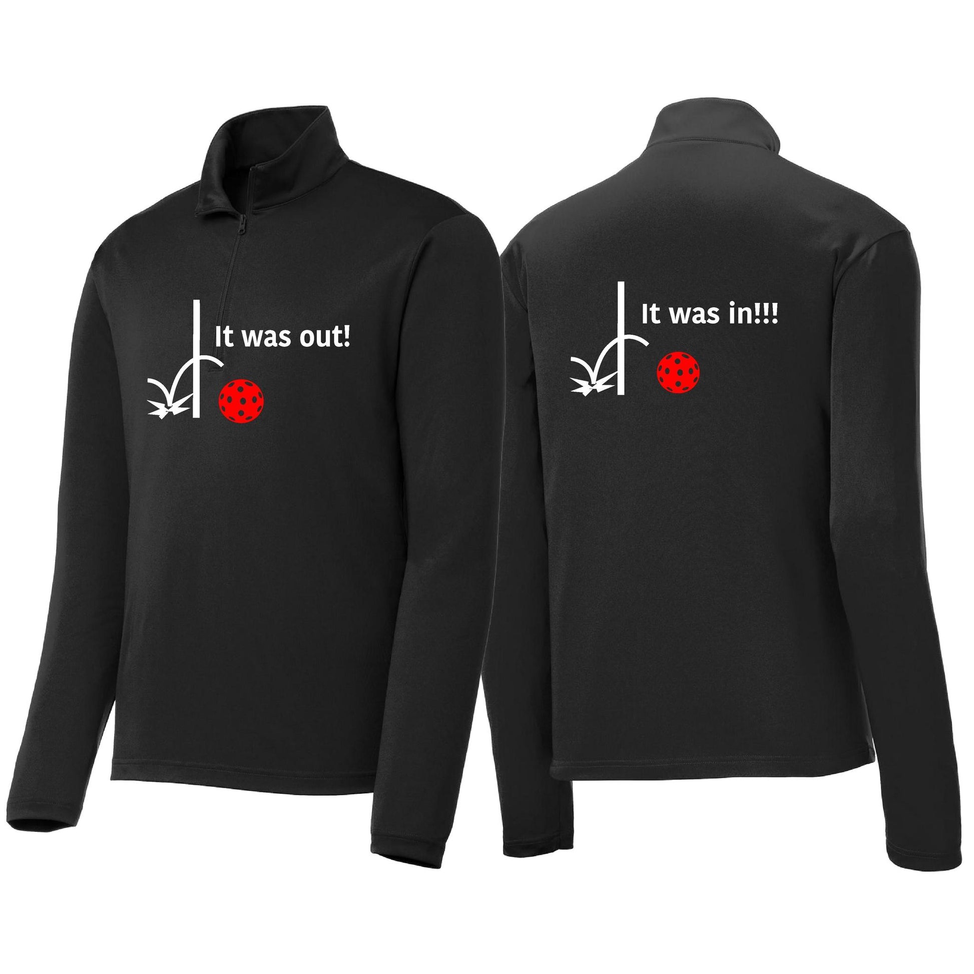It Was Out! It Was In! (Pickleballs Red White Yellow) | Men's 1/4 Zip Long Sleeve Pullover Athletic Performance Shirt | 100% Polyester