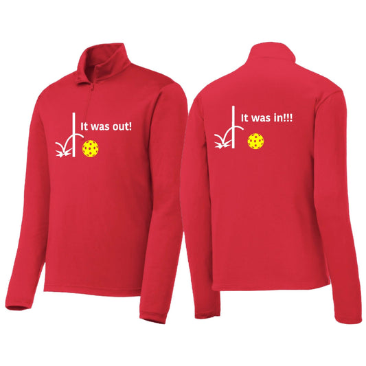 It Was Out! It Was In! (Pickleballs Red White Yellow) | Men's 1/4 Zip Long Sleeve Pullover Athletic Performance Shirt | 100% Polyester