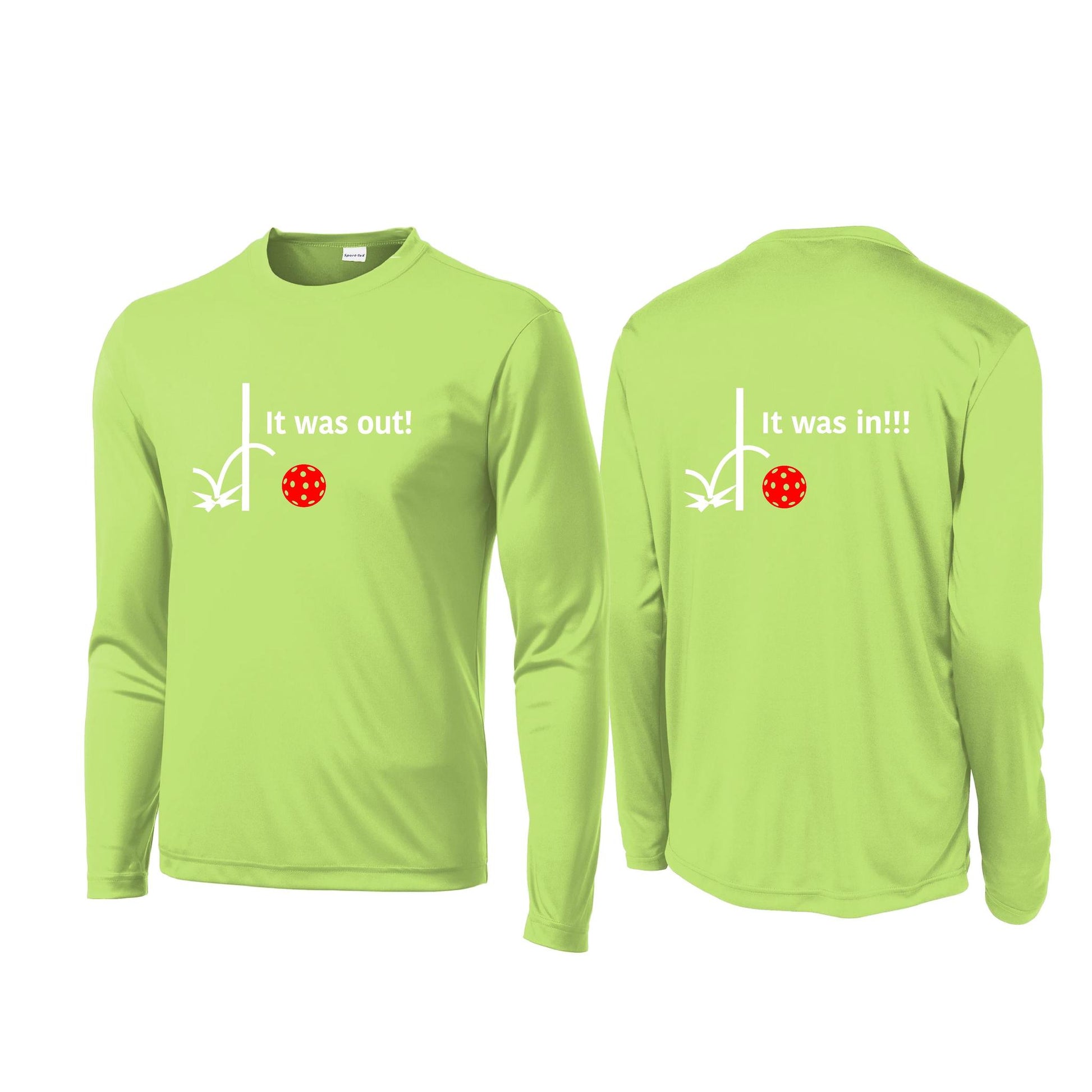 It Was Out! It Was In! (Pickleballs Red White Yellow) | Men's Long Sleeve Performance Athletic Performance Shirt | 100% Polyester