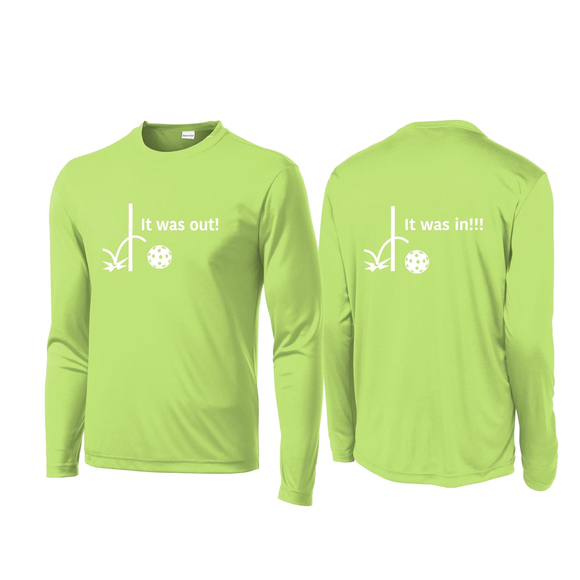 It Was Out! It Was In! (Pickleballs Red White Yellow) | Men's Long Sleeve Performance Athletic Performance Shirt | 100% Polyester