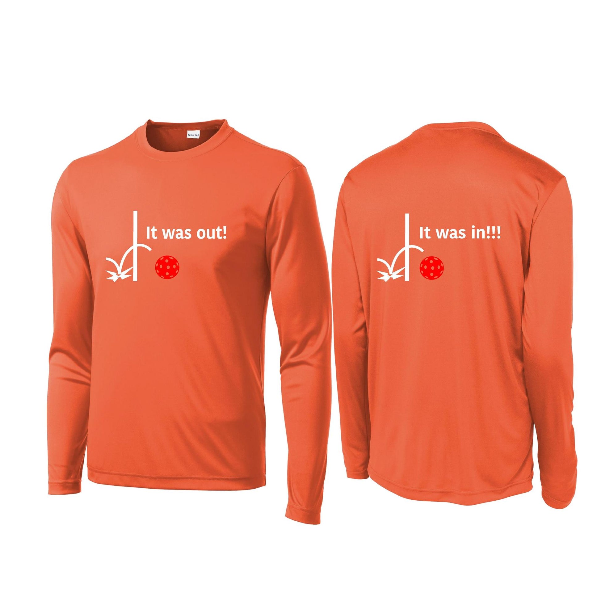 It Was Out! It Was In! (Pickleballs Red White Yellow) | Men's Long Sleeve Performance Athletic Performance Shirt | 100% Polyester