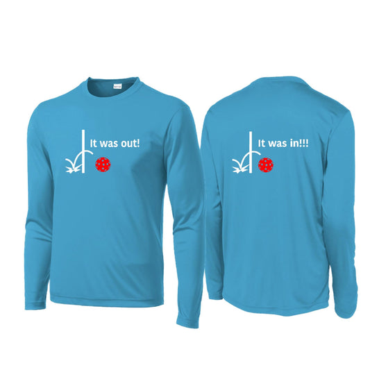 It Was Out! It Was In! (Pickleballs Red White Yellow) | Men's Long Sleeve Performance Athletic Performance Shirt | 100% Polyester