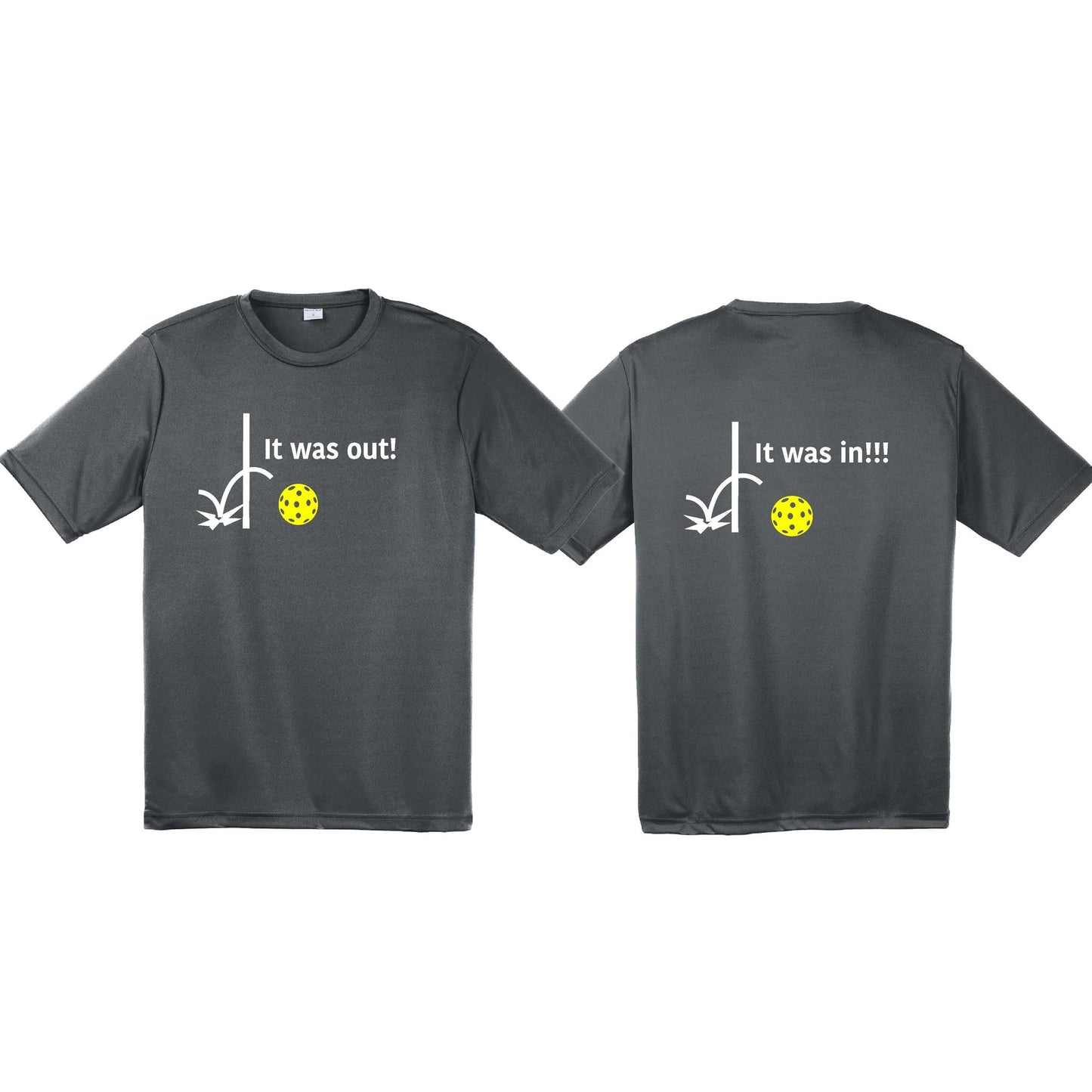 It Was Out! It Was In! (Pickleballs Red White Yellow) | Men's Short Sleeve Athletic Performance T-Shirt | 100% Polyester