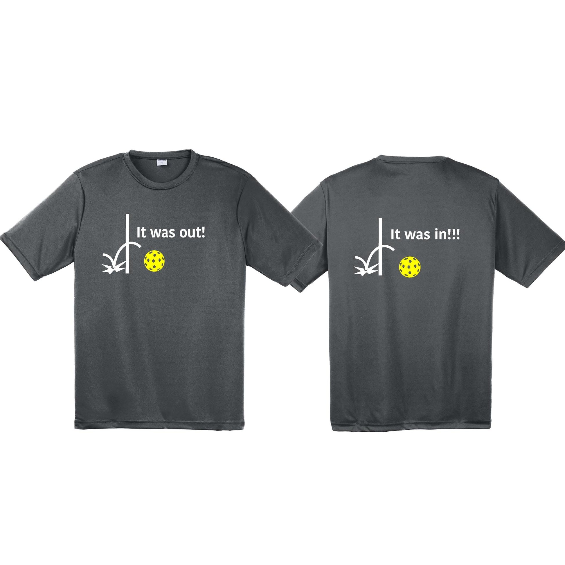 It Was Out! It Was In! (Pickleballs Red White Yellow) | Men's Short Sleeve Athletic Performance T-Shirt | 100% Polyester