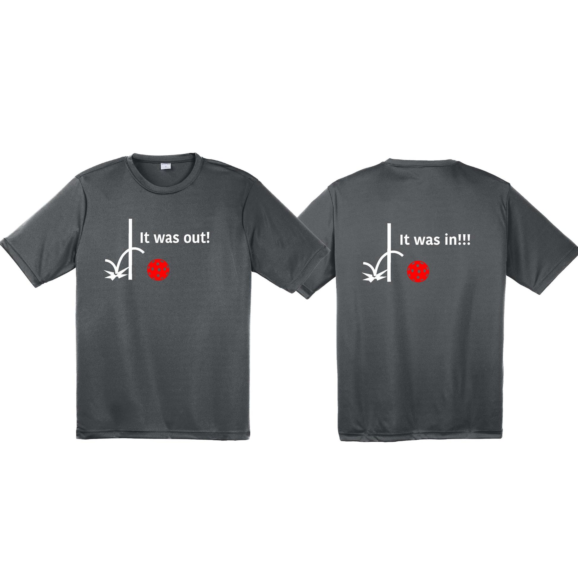 It Was Out! It Was In! (Pickleballs Red White Yellow) | Men's Short Sleeve Athletic Performance T-Shirt | 100% Polyester