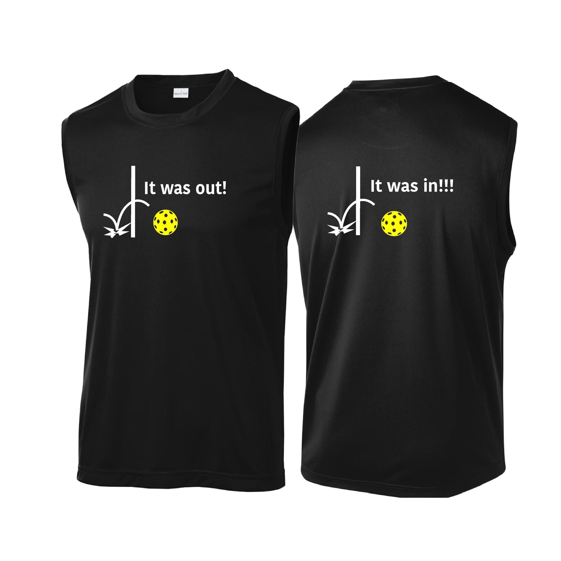 It Was Out! It Was In! (Pickleballs Red White Yellow) | Men's Sleeveless Athletic Performance T-Shirt | 100% Polyester