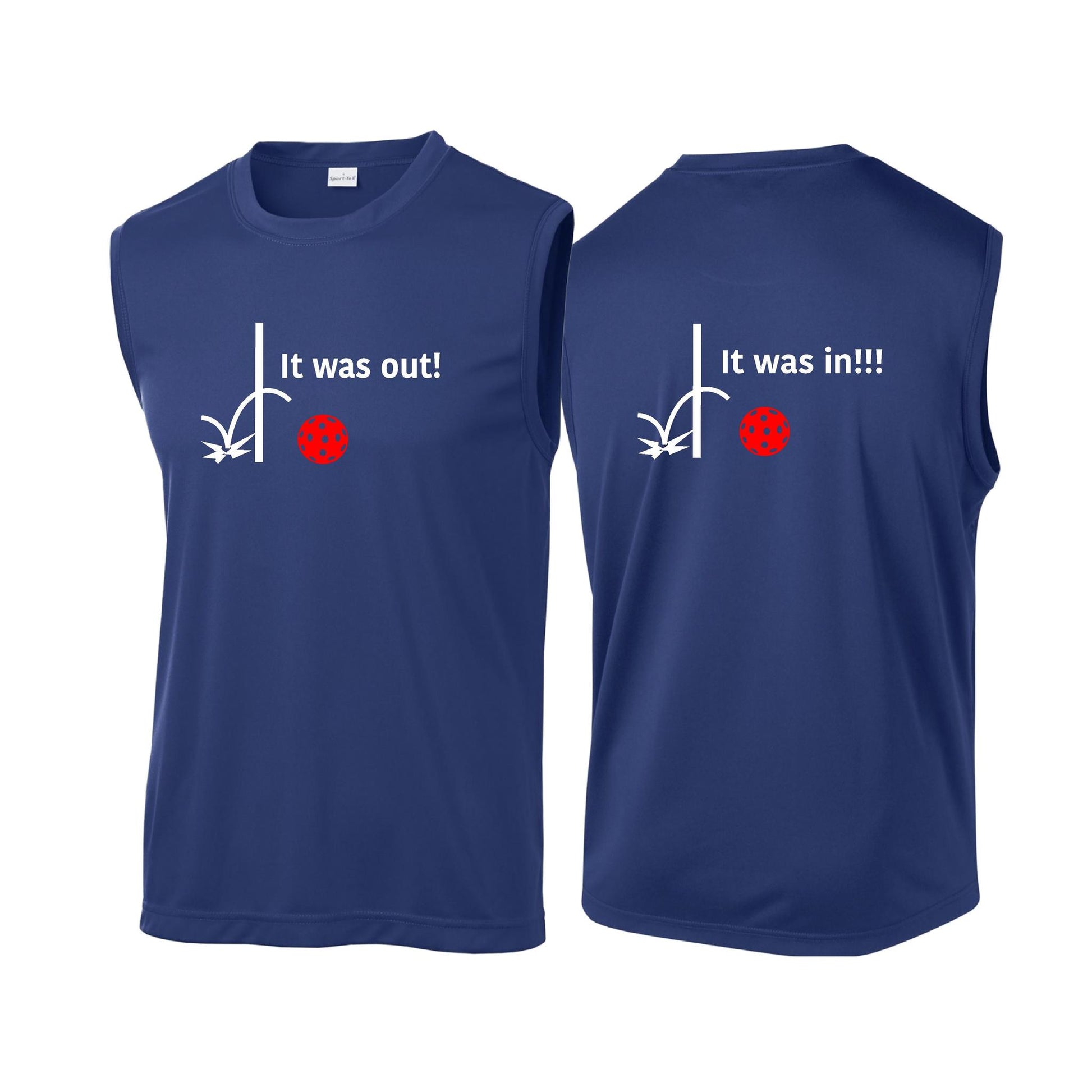 It Was Out! It Was In! (Pickleballs Red White Yellow) | Men's Sleeveless Athletic Performance T-Shirt | 100% Polyester