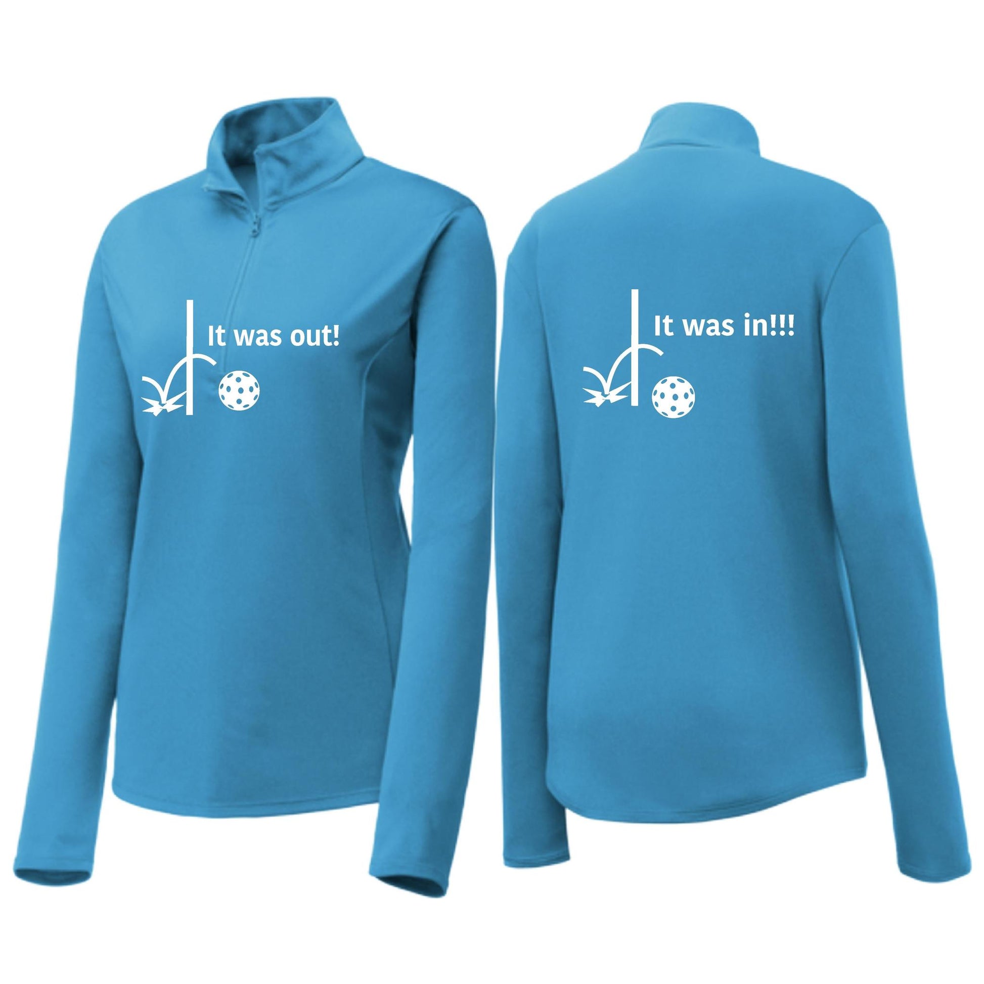 It Was Out! It Was In! (Pickleballs Red White Yellow) | Women's 1/4 Zip Pickleball Performance Pullover Shirt | 100% Polyester